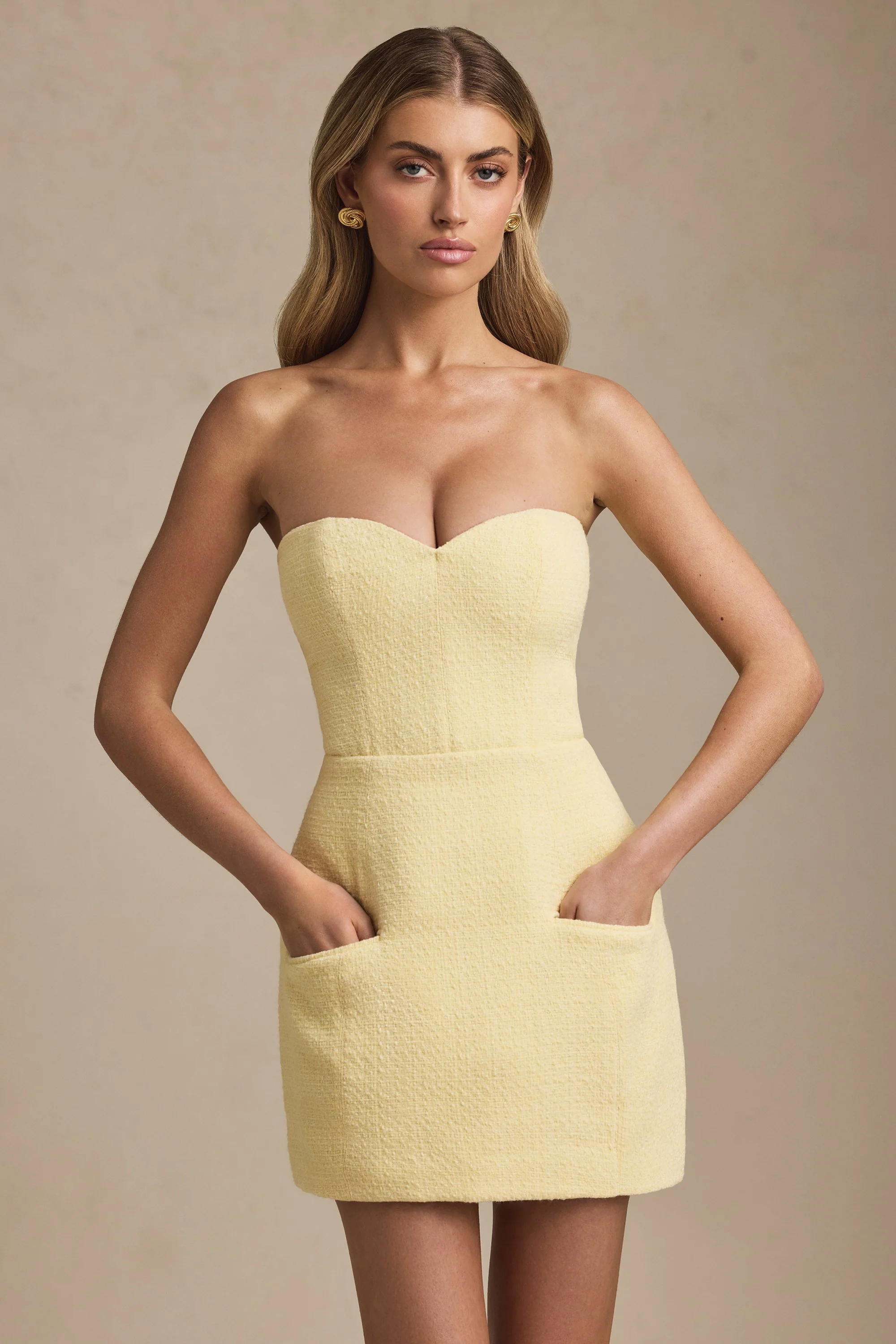 Sweetheart-Neck Strapless Structured Mini Dress in Pastel Yellow