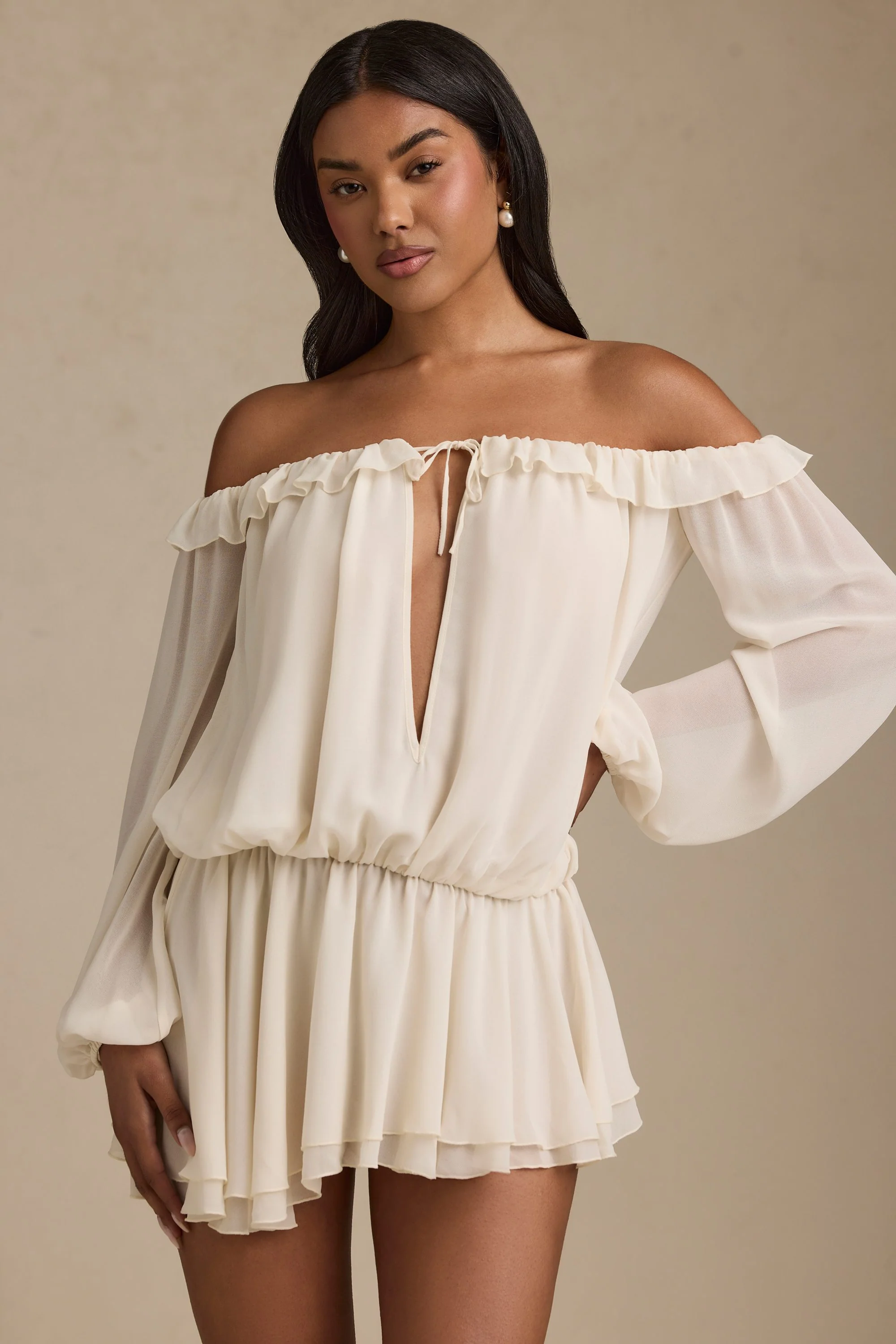 Off-Shoulder Asymmetric Balloon-Sleeve Mini Dress in Ivory