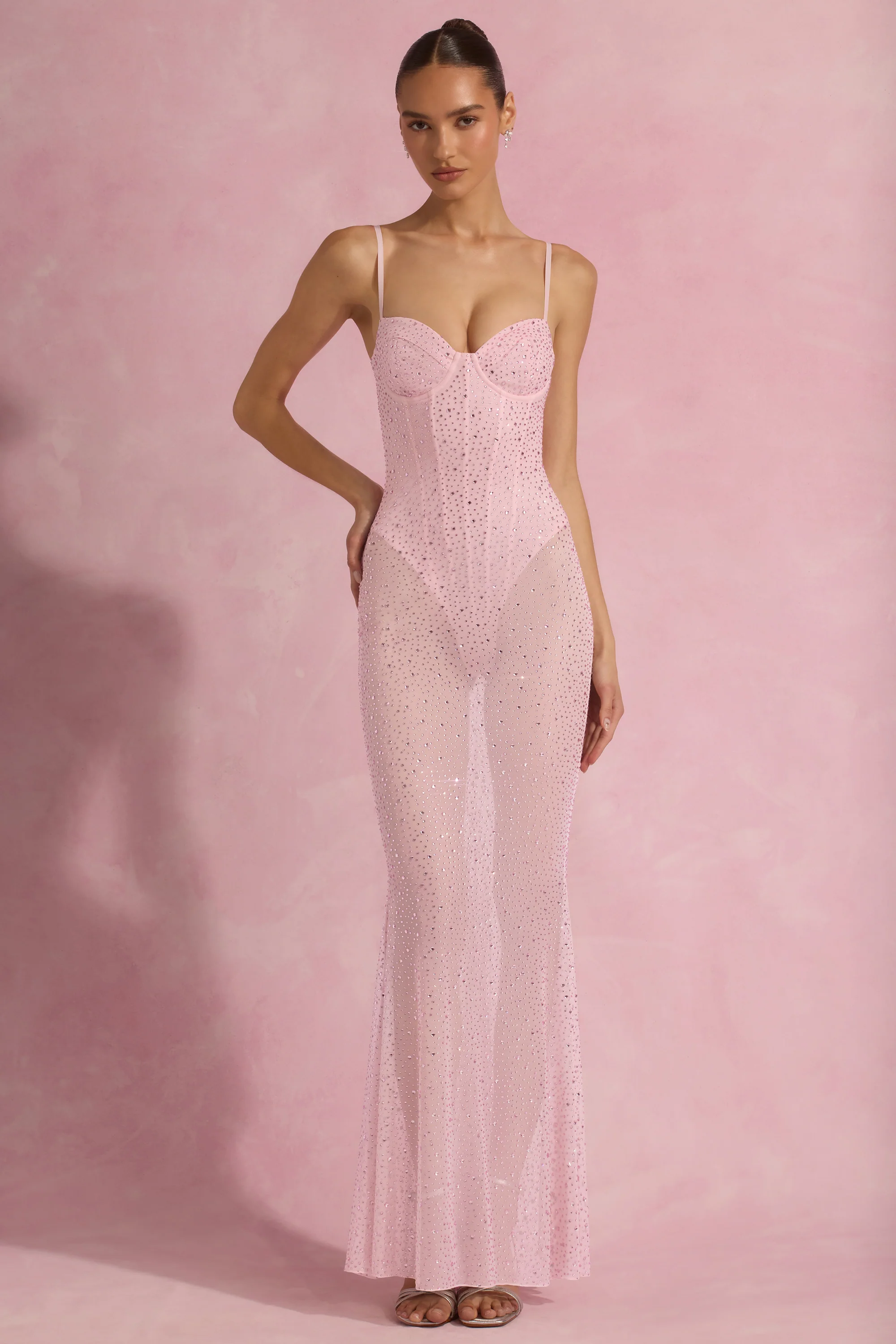 Semi-Sheer Embellished Corset Gown in Pink