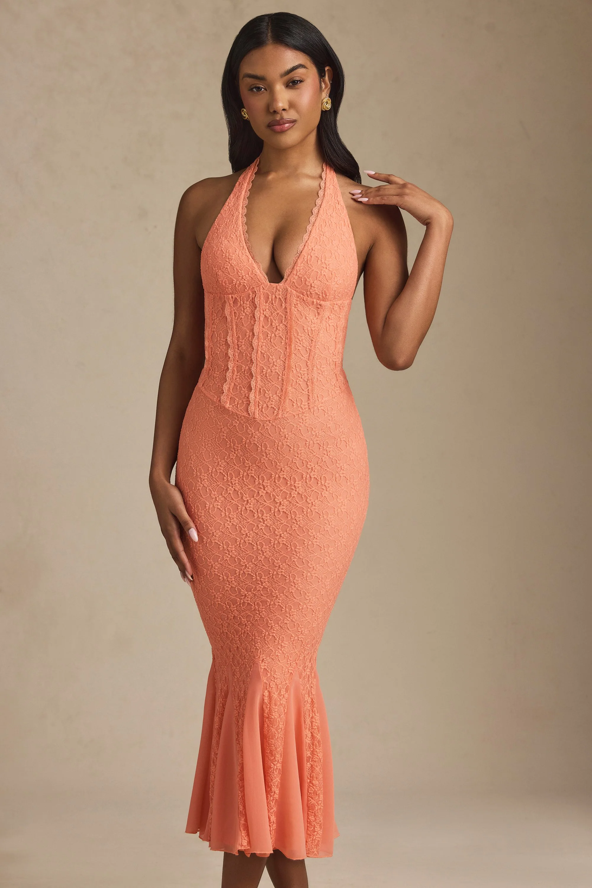Halterneck Corset Lace Midaxi Dress in Peach