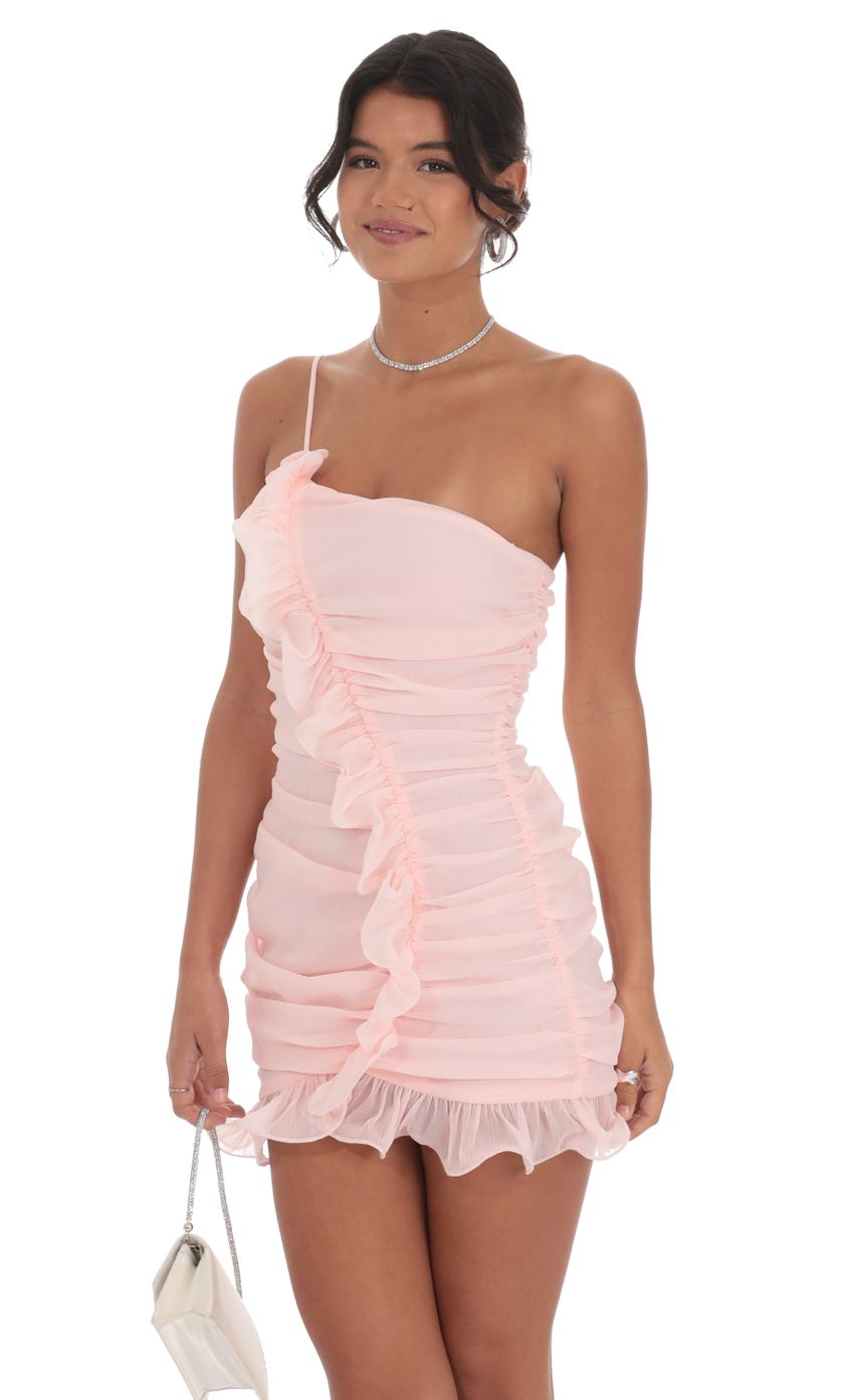 Shimmer Chiffon One Shoulder Dress in Pink