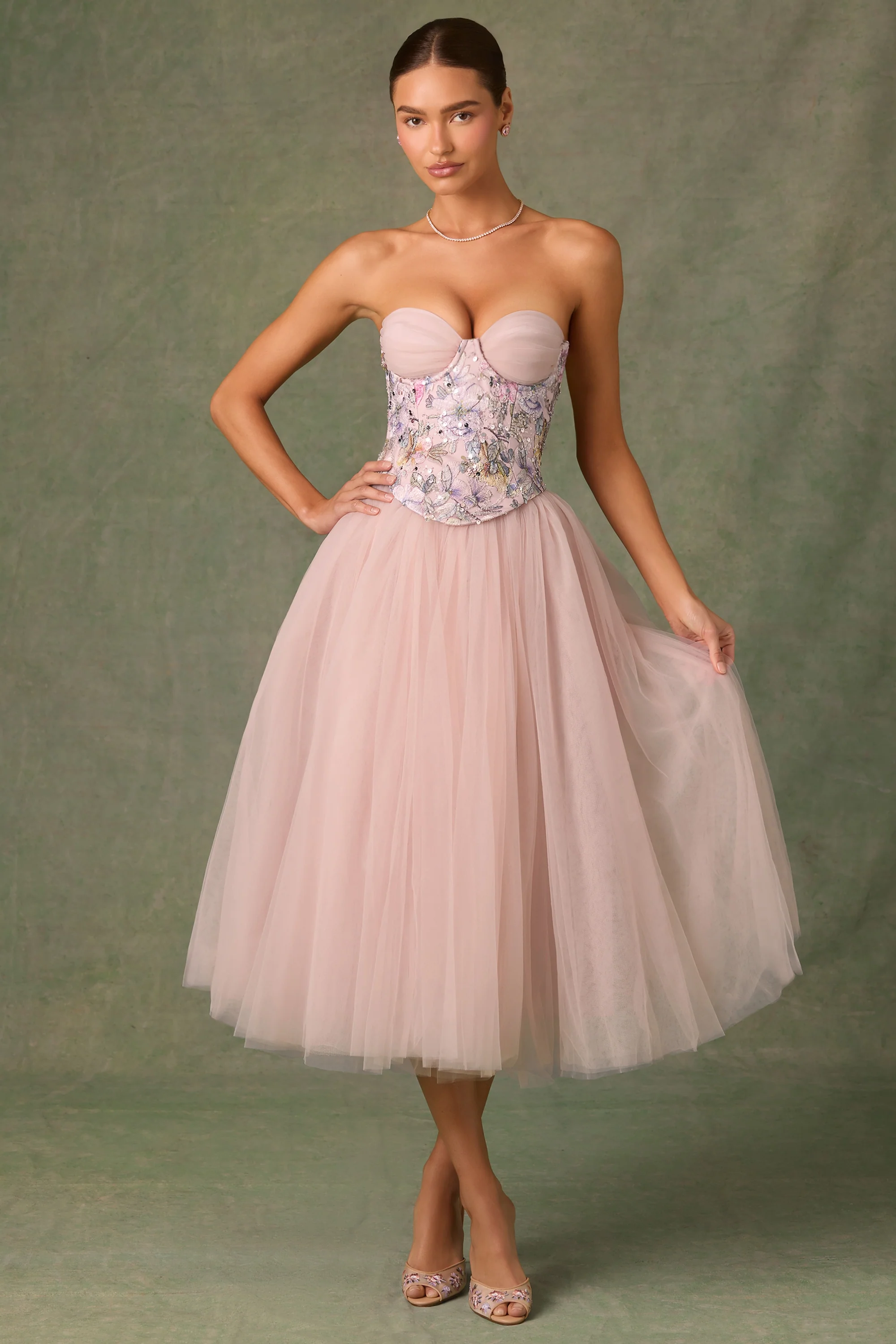 Tulle Corset Midaxi Dress in Dusty Rose