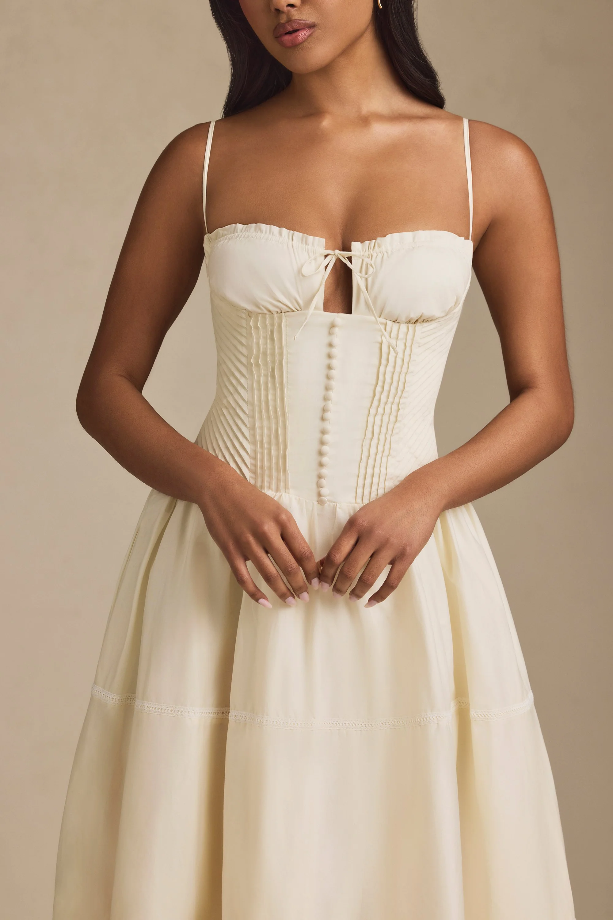 Lace-Trim Pintucked Poplin Midaxi Dress in Ivory