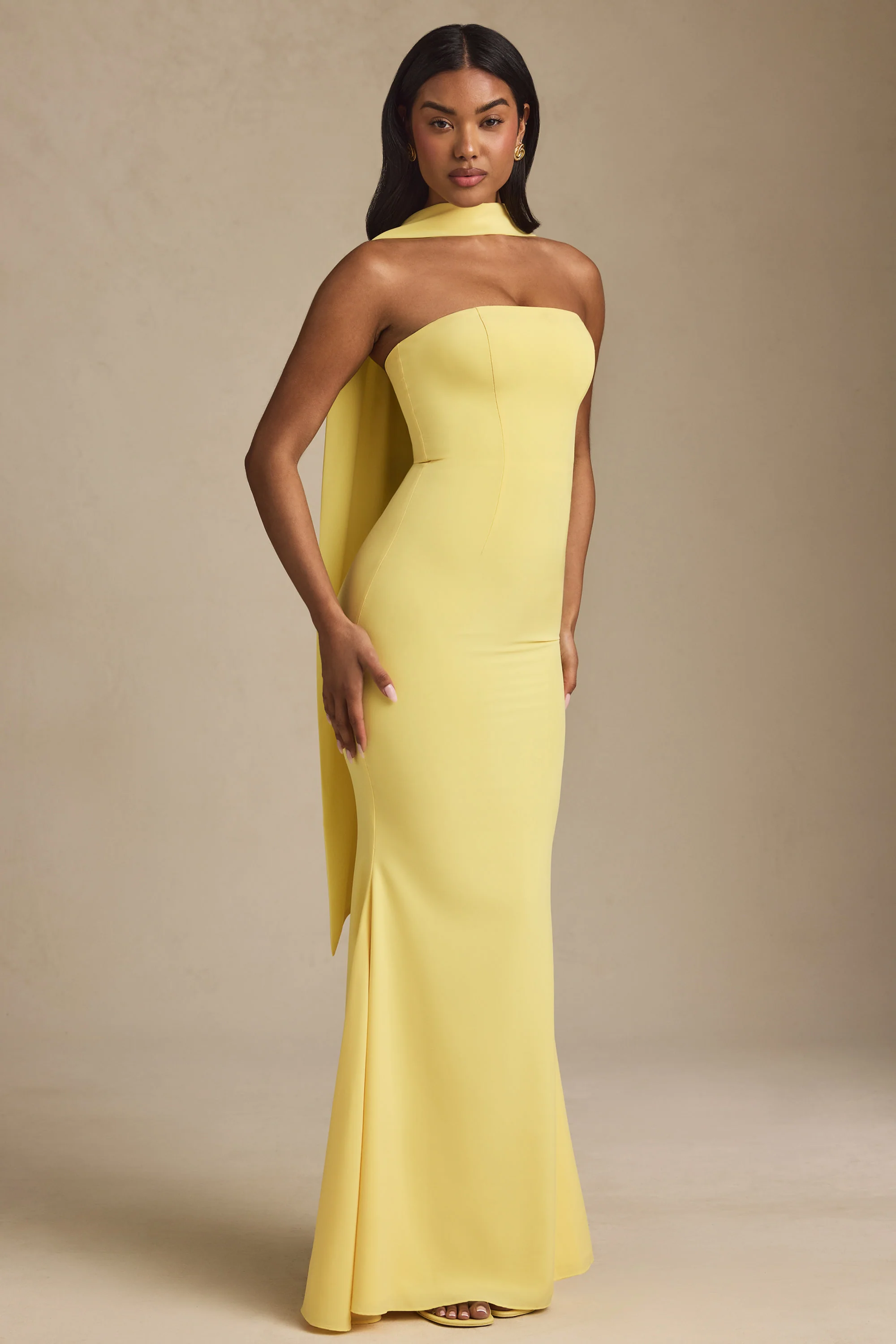 Scarf-Detail Strapless Gown in Pastel Yellow