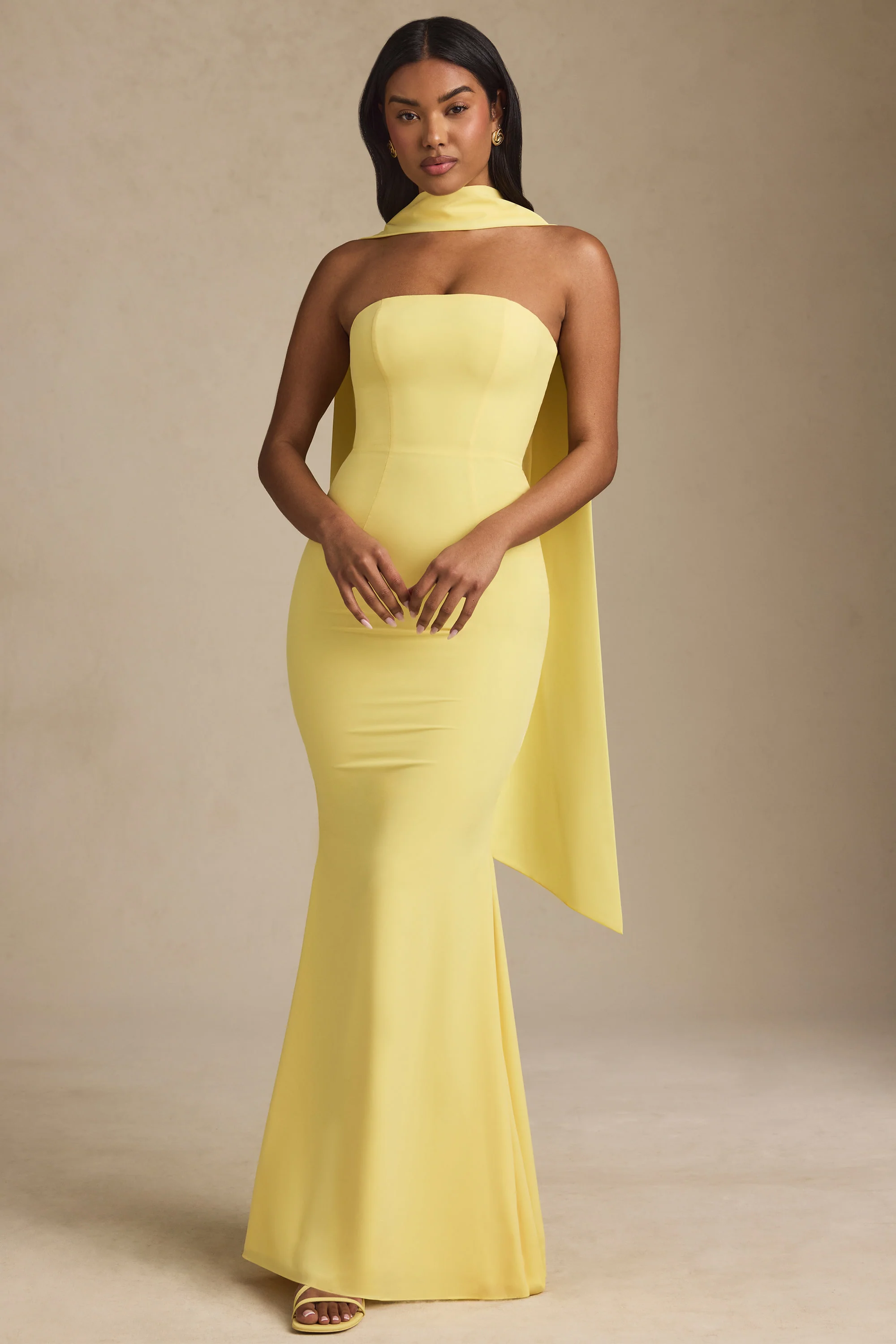 Scarf-Detail Strapless Gown in Pastel Yellow