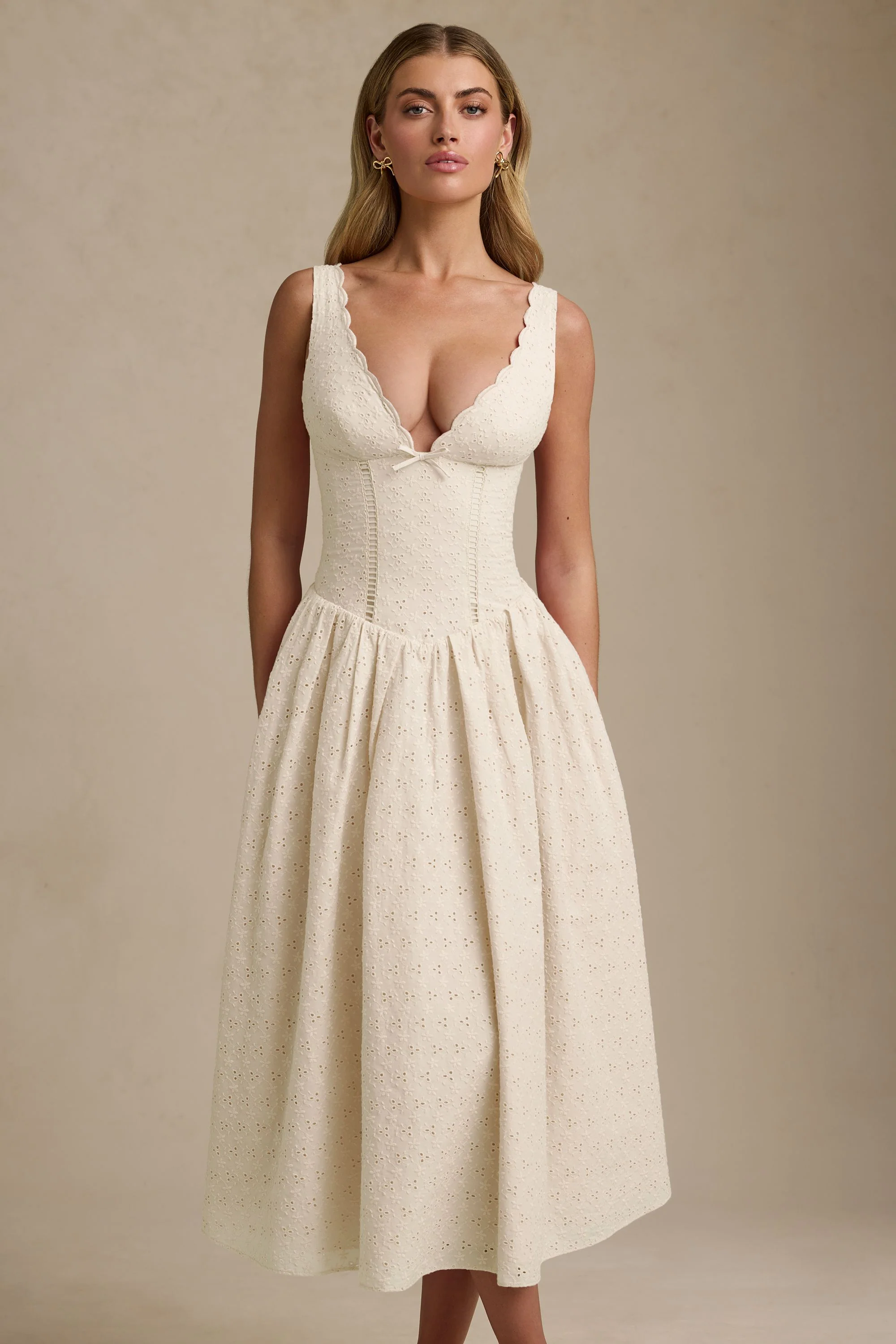 Broderie Anglaise Bow-Detail A-Line Midaxi Dress in Ivory