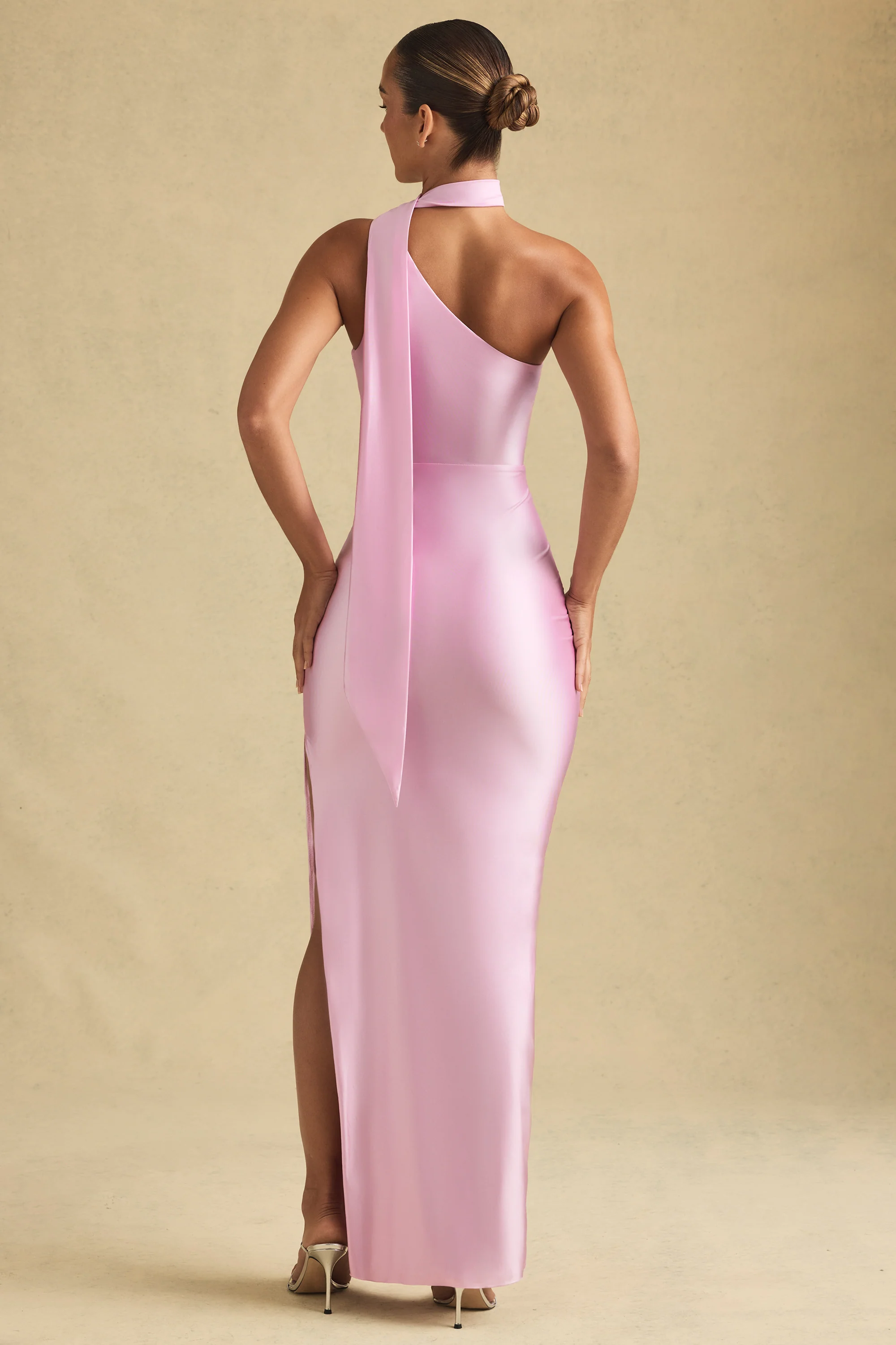 Asymmetric Scarf-Detail Maxi Dress in Soft Pink