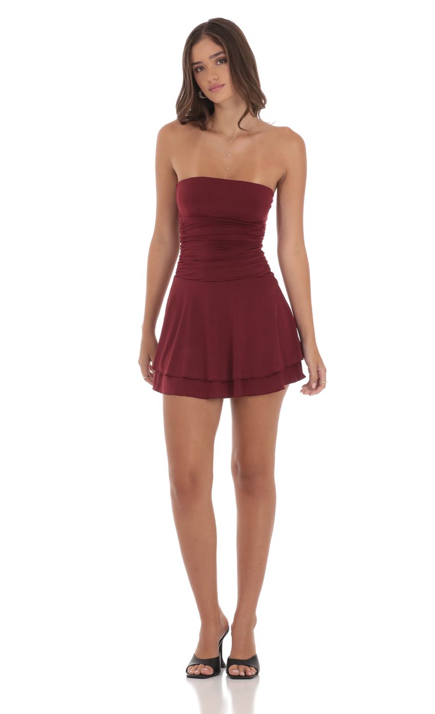 Strapless Ruched A-line Dress in Maroon