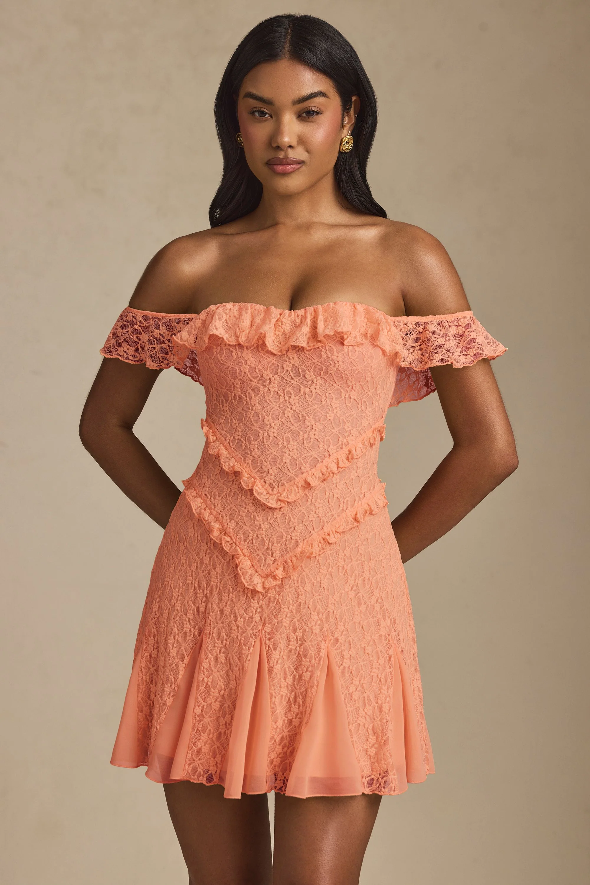 Off-Shoulder Lace A-Line Mini Dress in Peach
