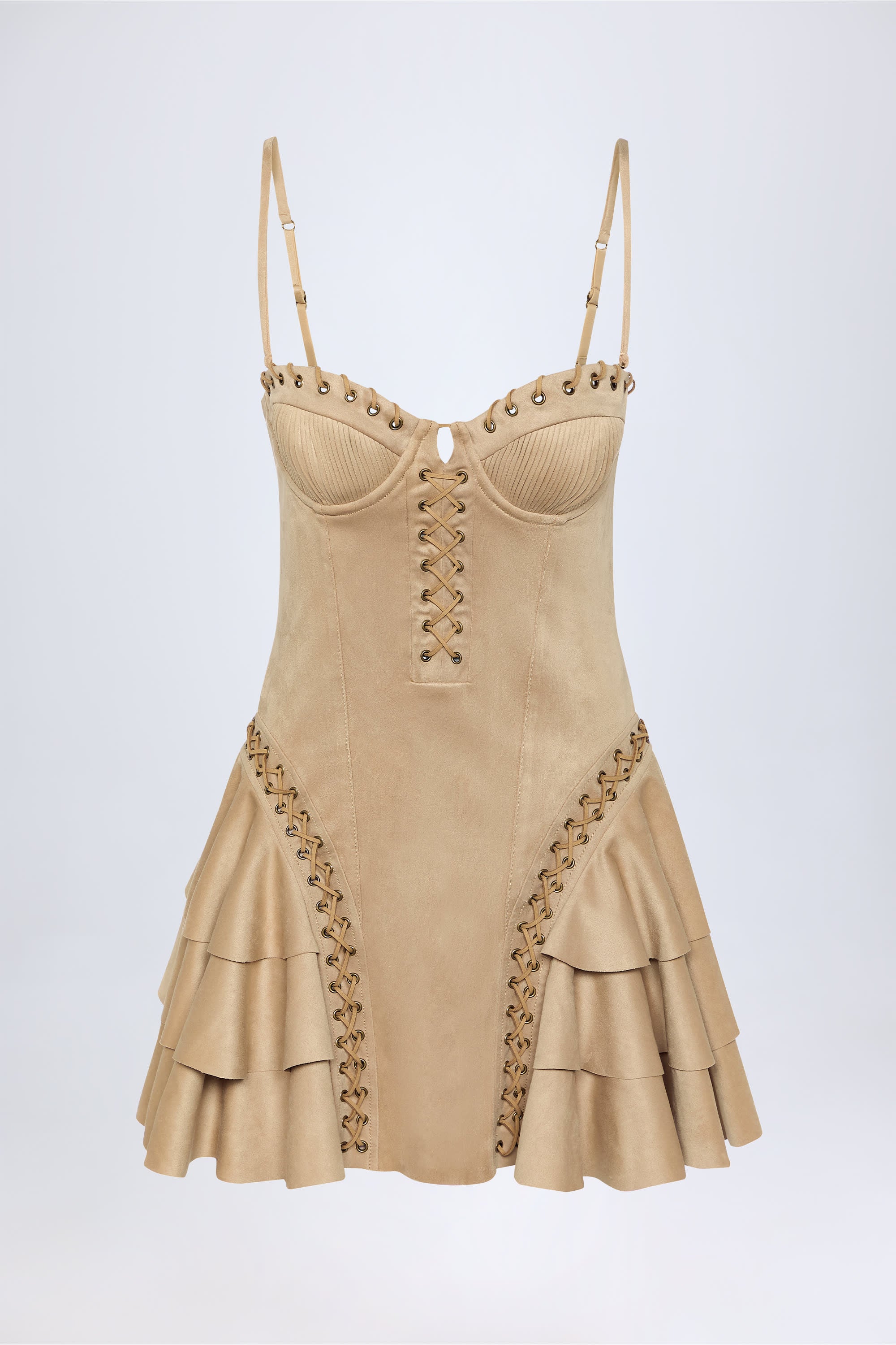 Lace-Up Tiered Corset Mini Dress in Tan