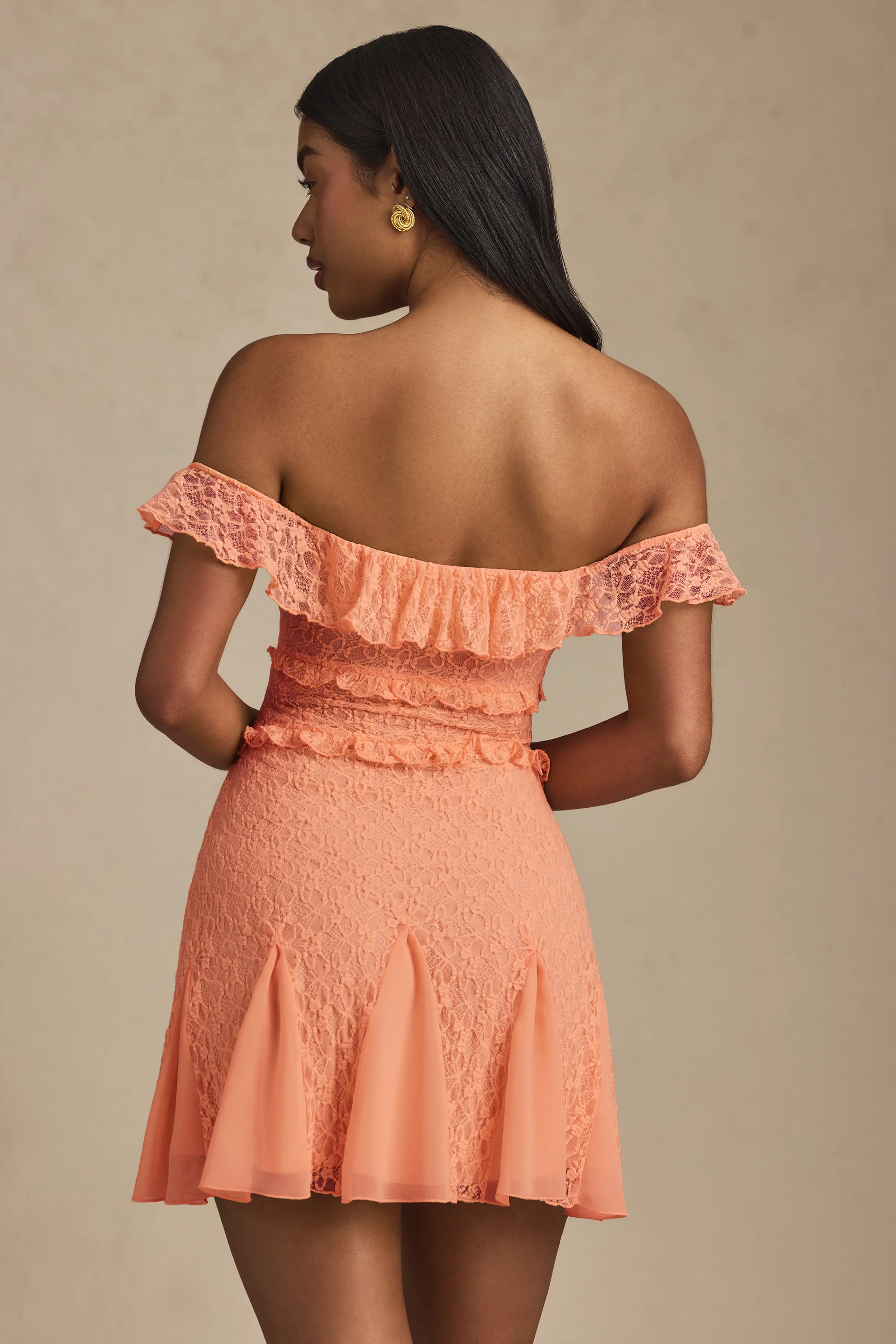 Off-Shoulder Lace A-Line Mini Dress in Peach