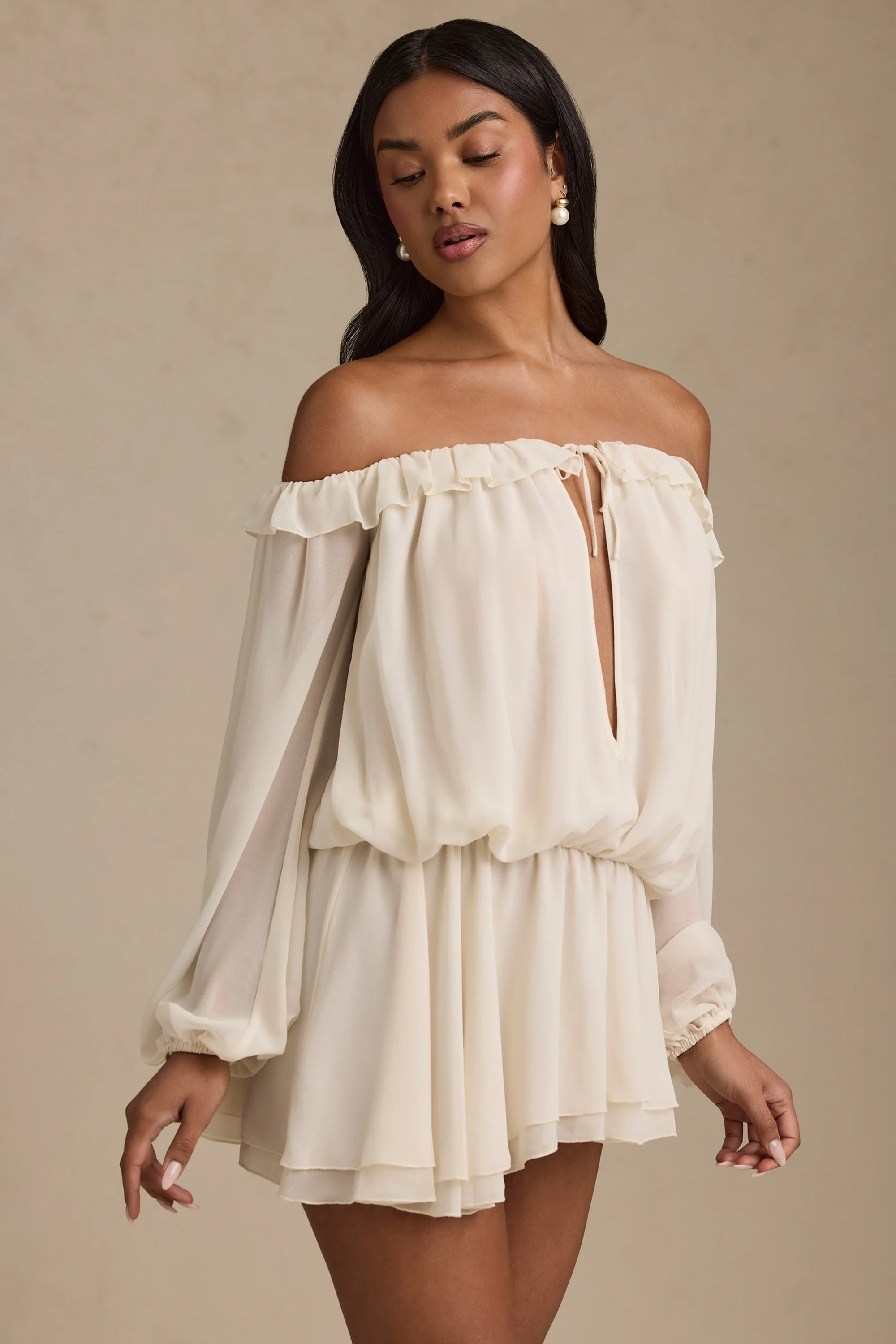Off-Shoulder Asymmetric Balloon-Sleeve Mini Dress in Ivory