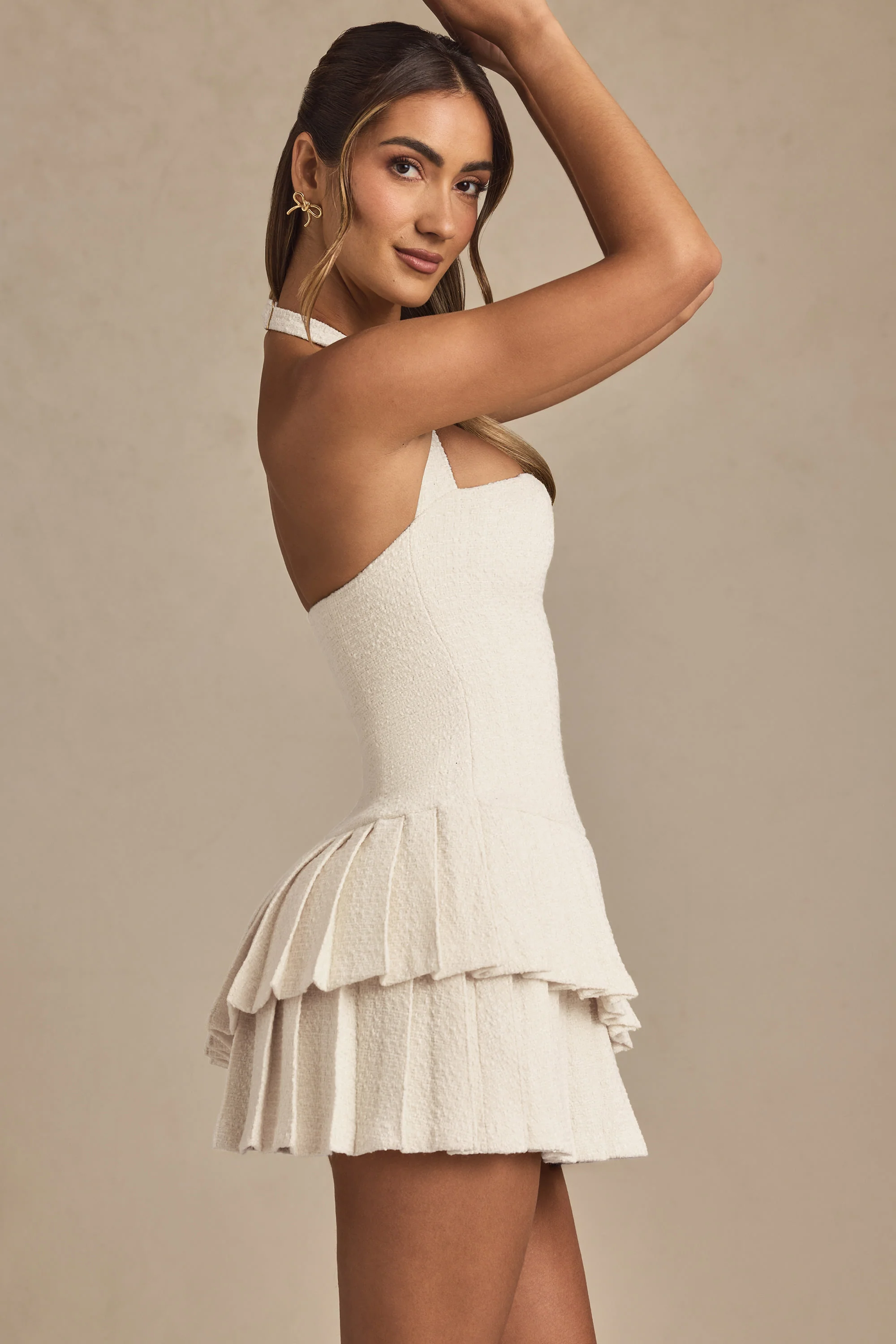 Asymmetric Layered Halterneck Mini Dress in Ivory