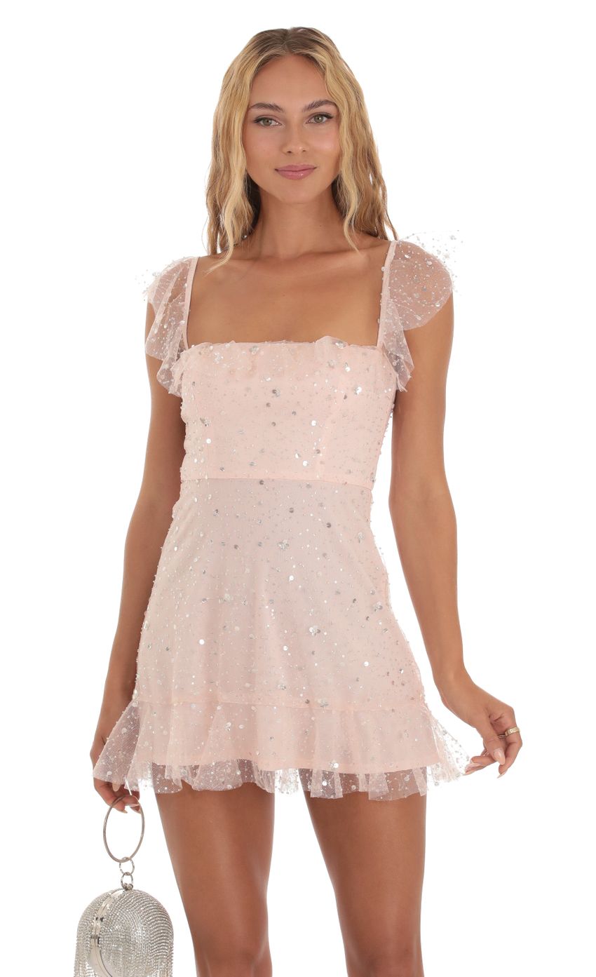 Celosia Sequin Shimmer Ruffle Dress in Pink