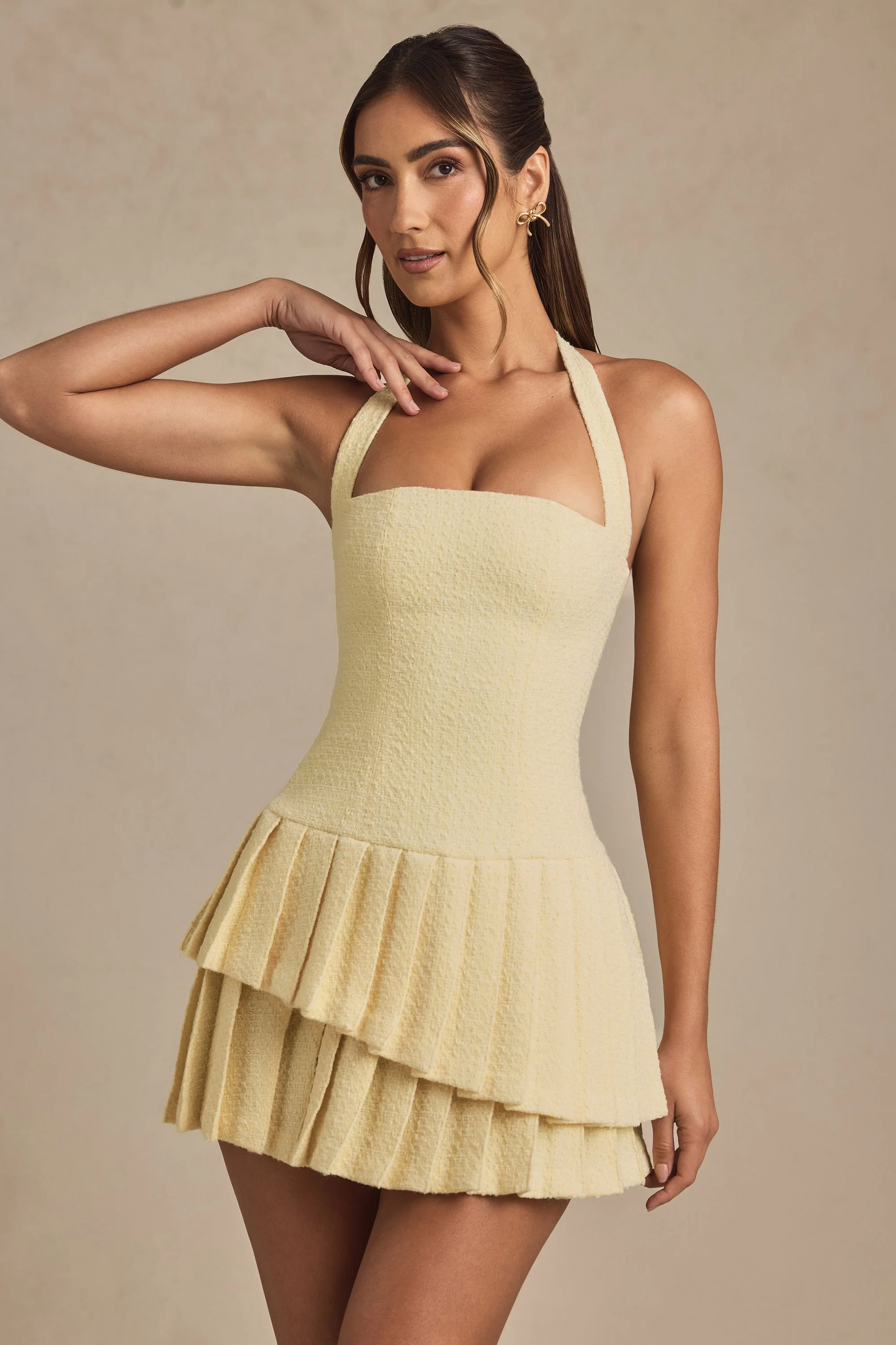 Asymmetric Layered Halterneck Mini Dress in Pastel Yellow