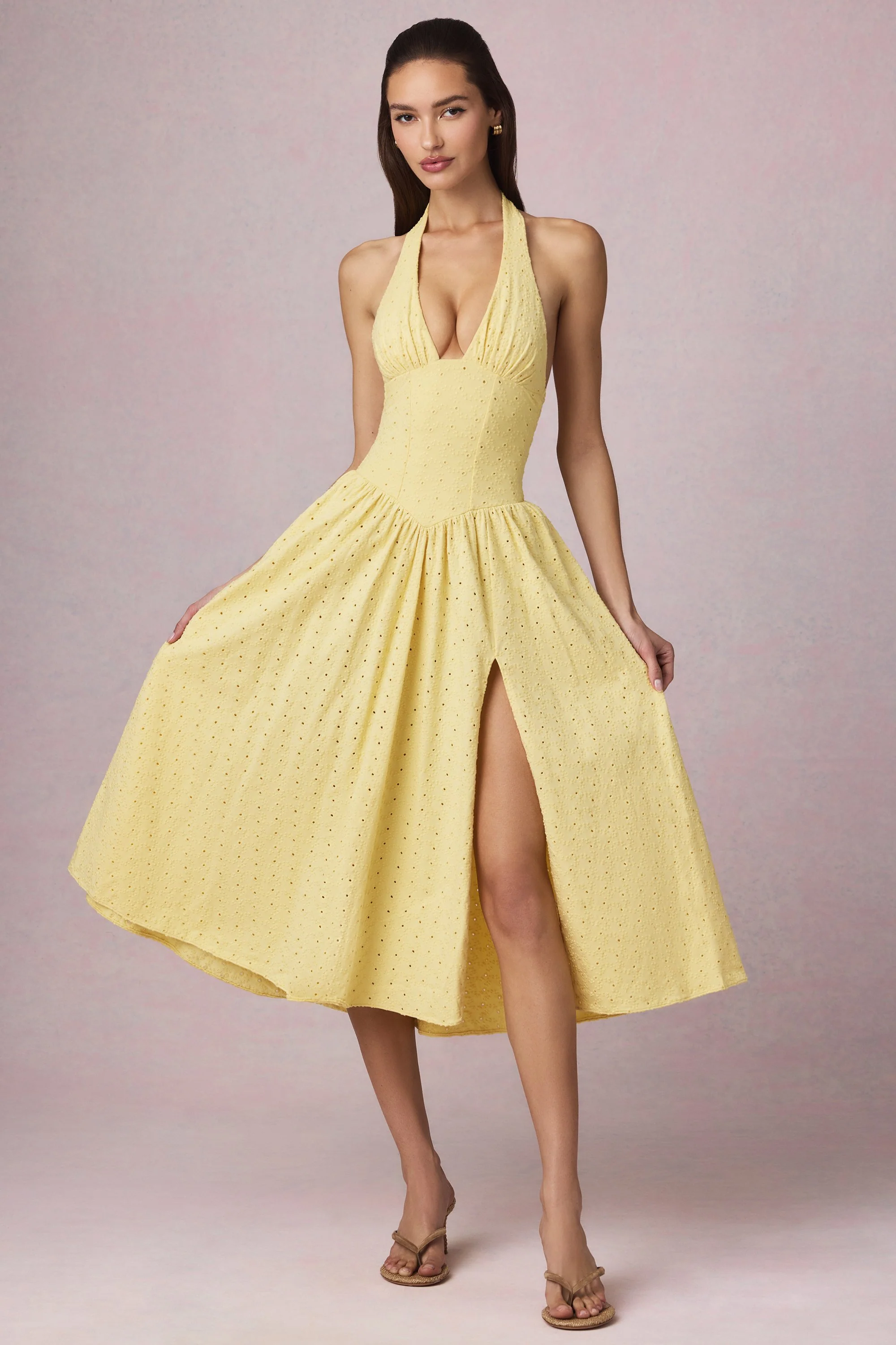 Broderie Anglaise Halterneck Midaxi Dress in Lemon Yellow