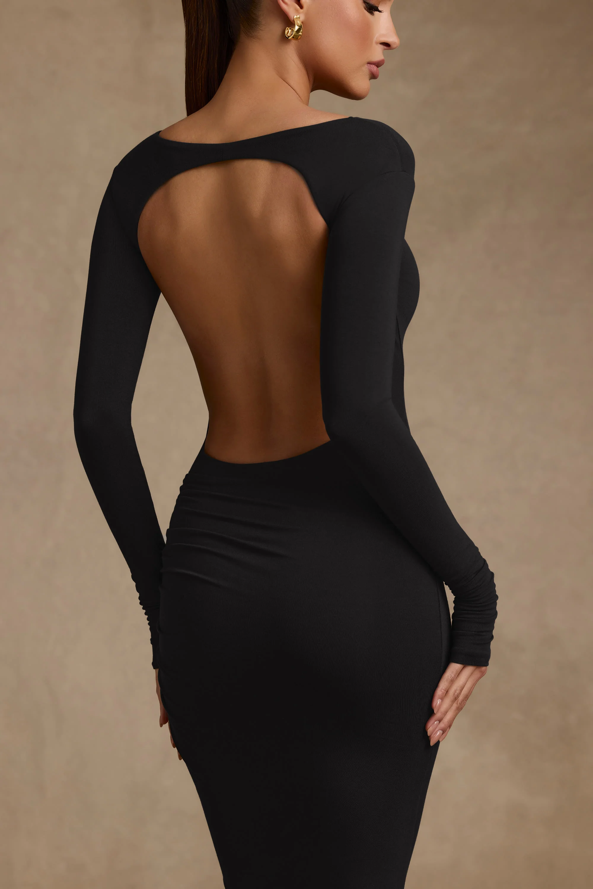 Modal Ruched Backless Maxi Dress in Black