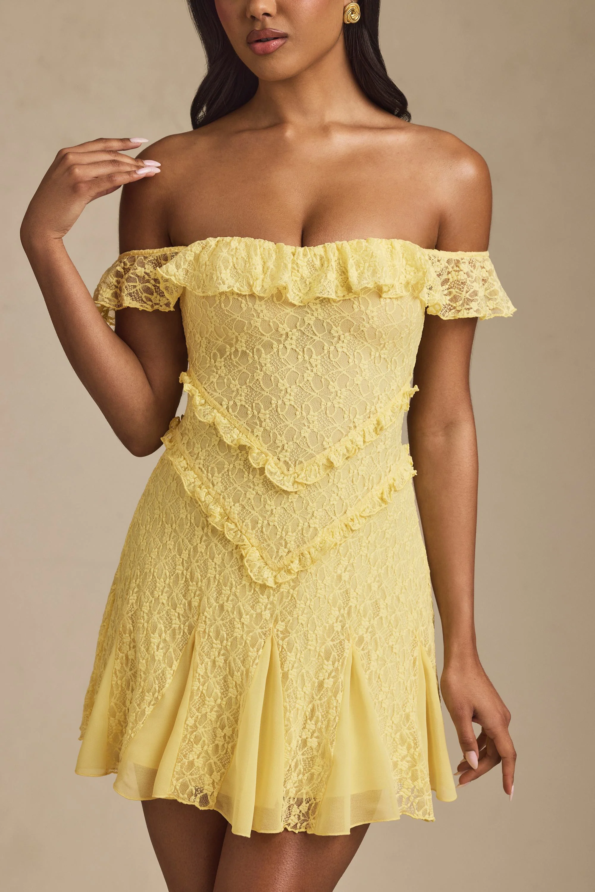 Off-Shoulder Lace A-Line Mini Dress in Pastel Yellow