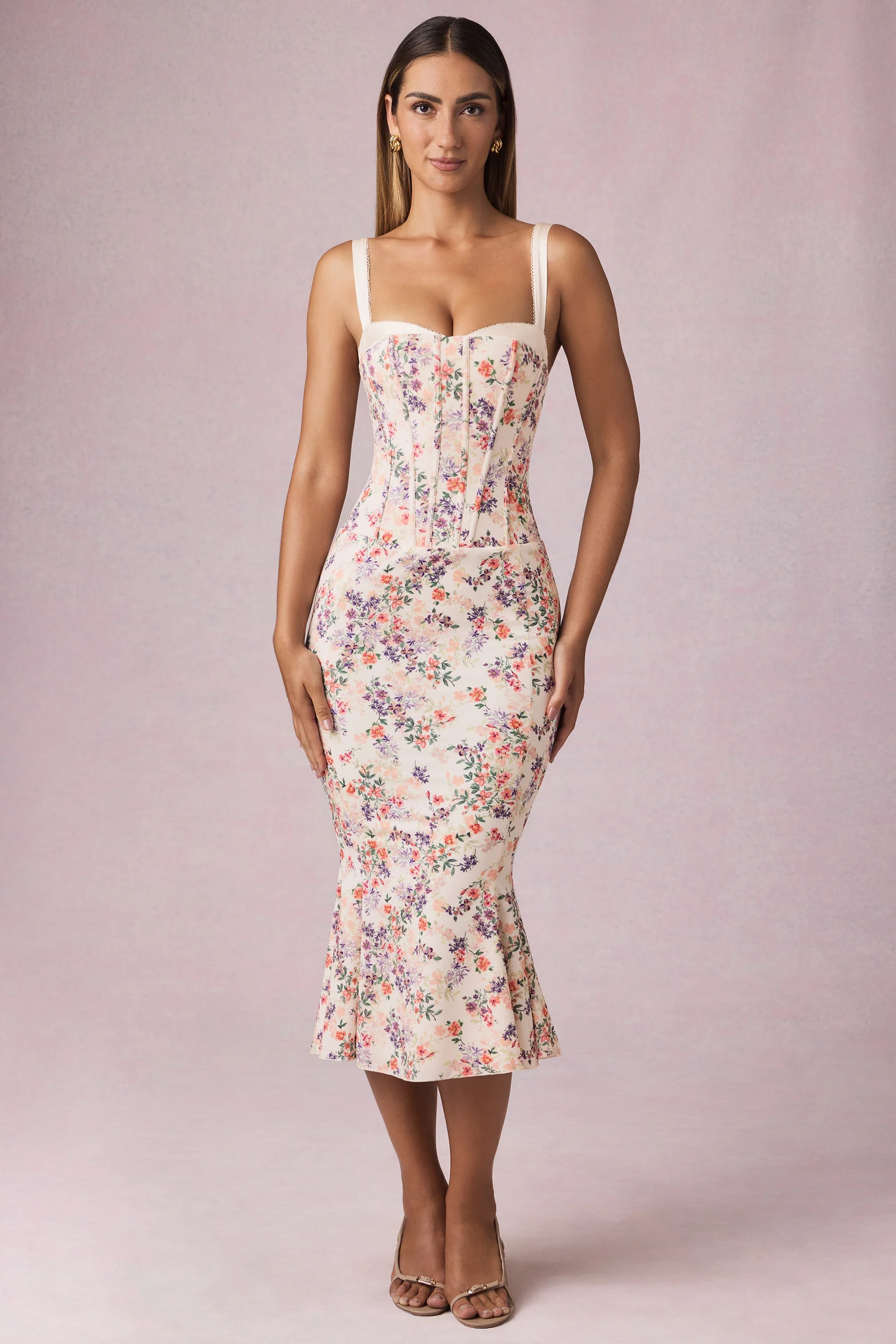Layered Bra-Detail Fishtail Midaxi Dress in Primrose Floral Print