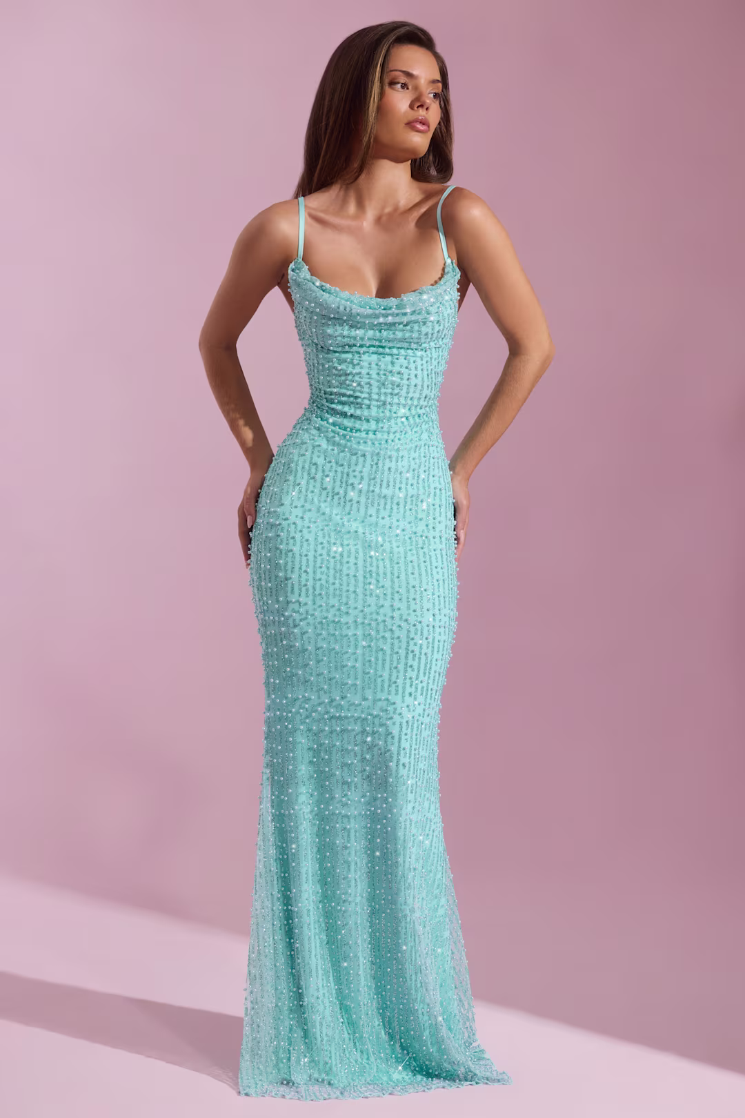 Embellished Cowl-Neck Backless Maxi Dress in Aqua Blue
