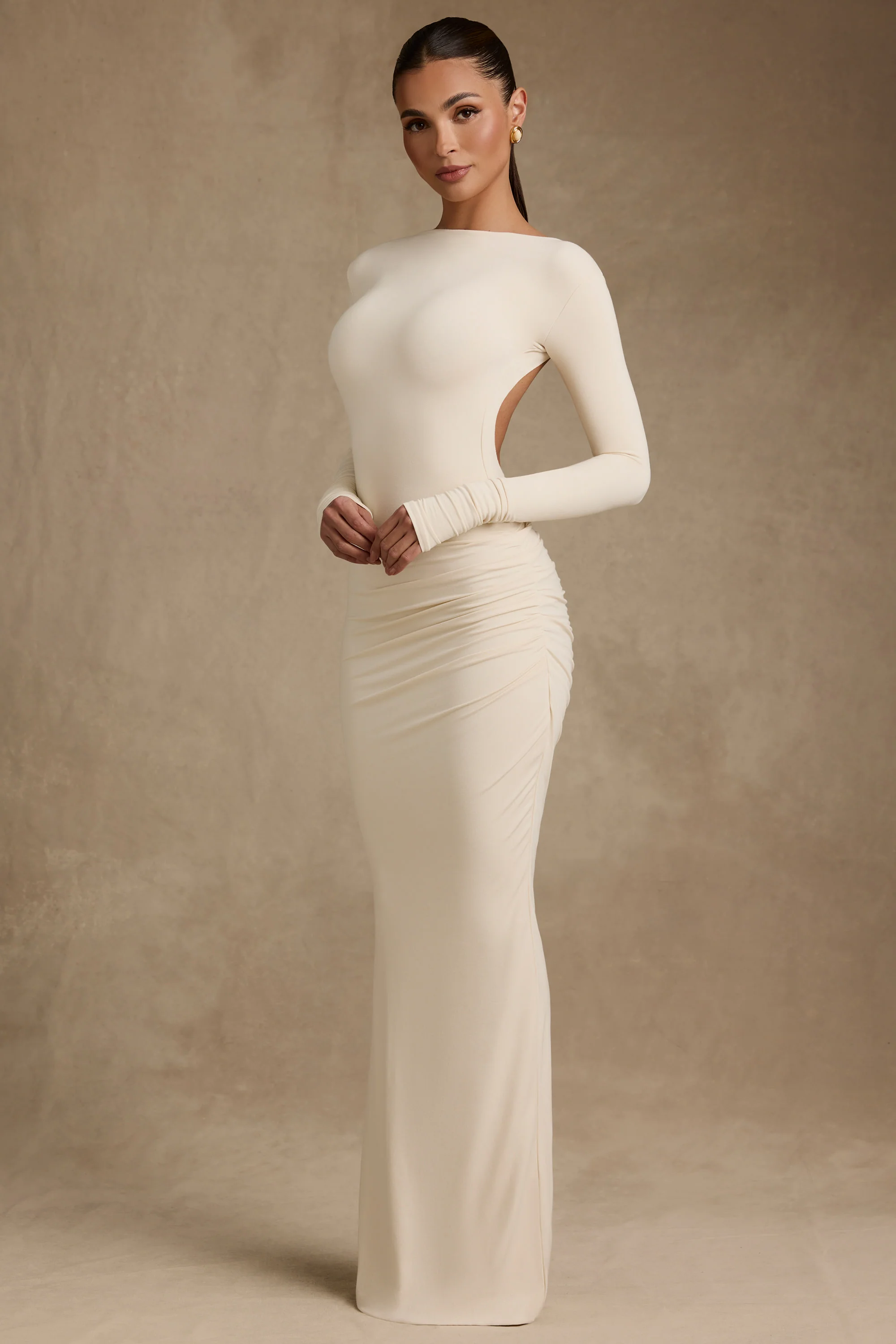Modal Ruched Backless Maxi Dress in Ivory