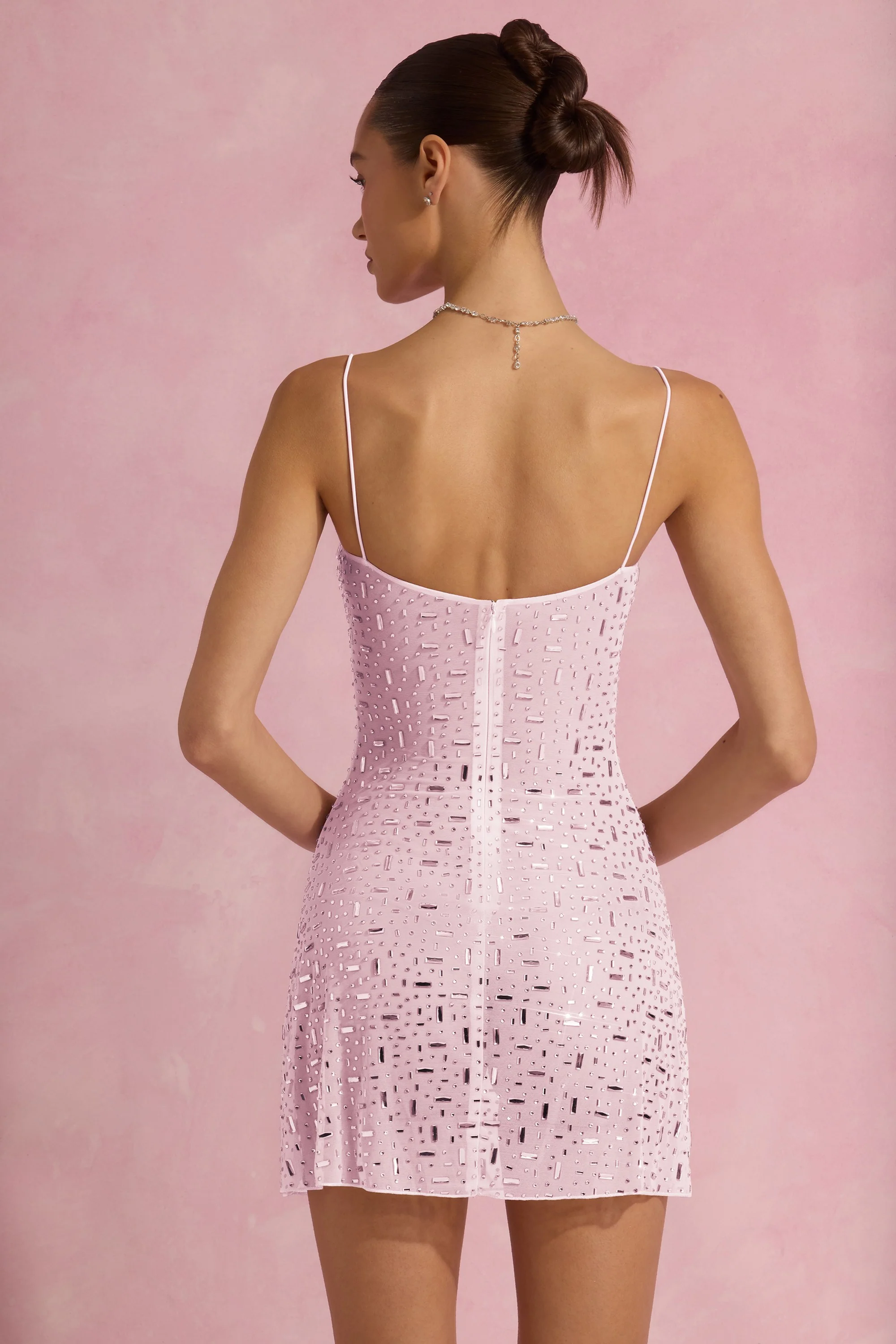 Sheer Embellished Square-Neck Mini Dress in Pink