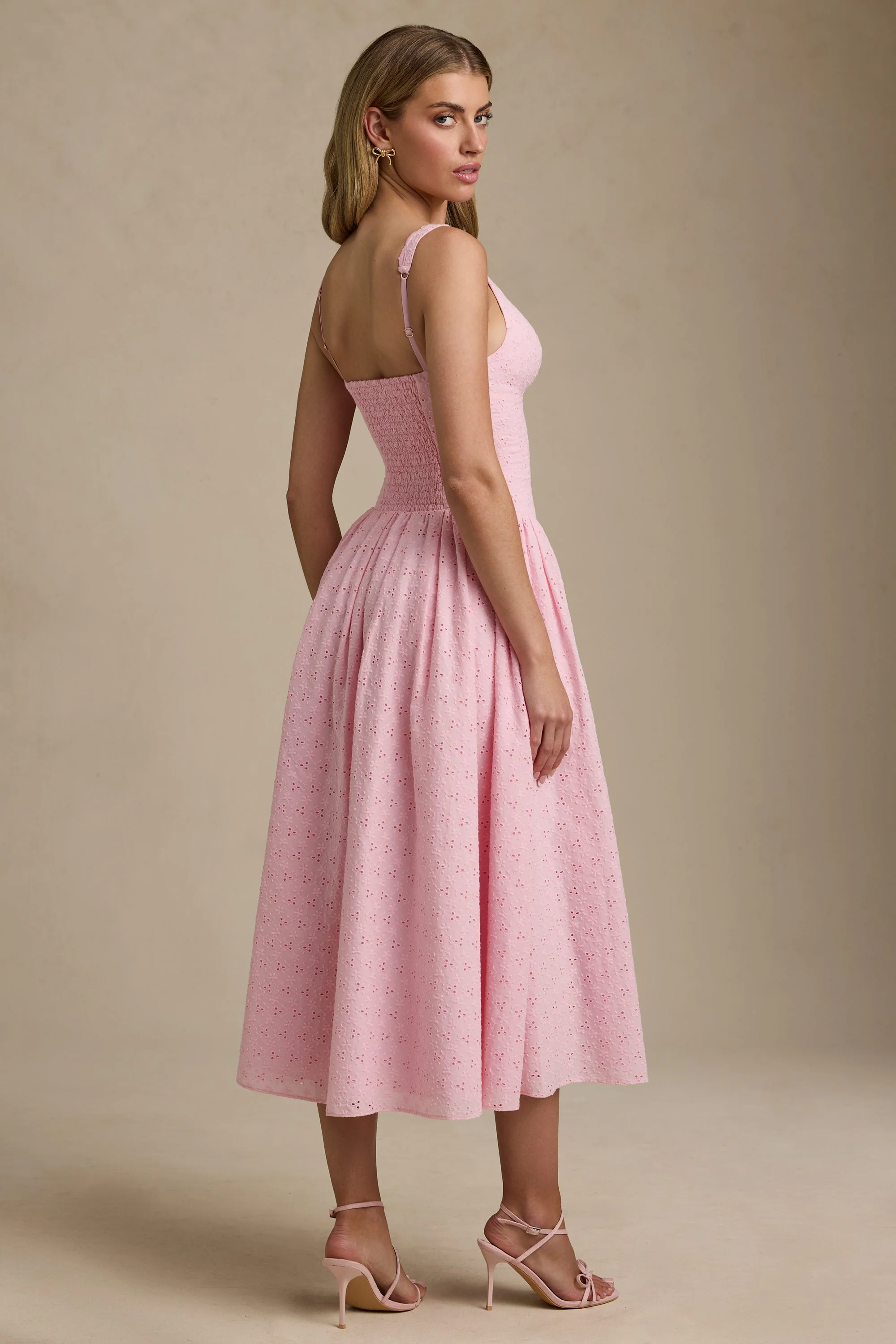 Broderie Anglaise Bow-Detail A-Line Midaxi Dress in Soft Pink