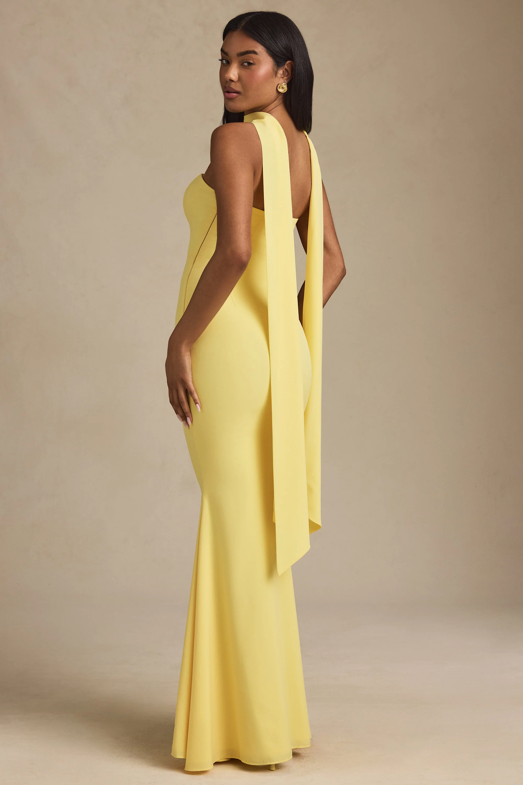 Scarf-Detail Strapless Gown in Pastel Yellow