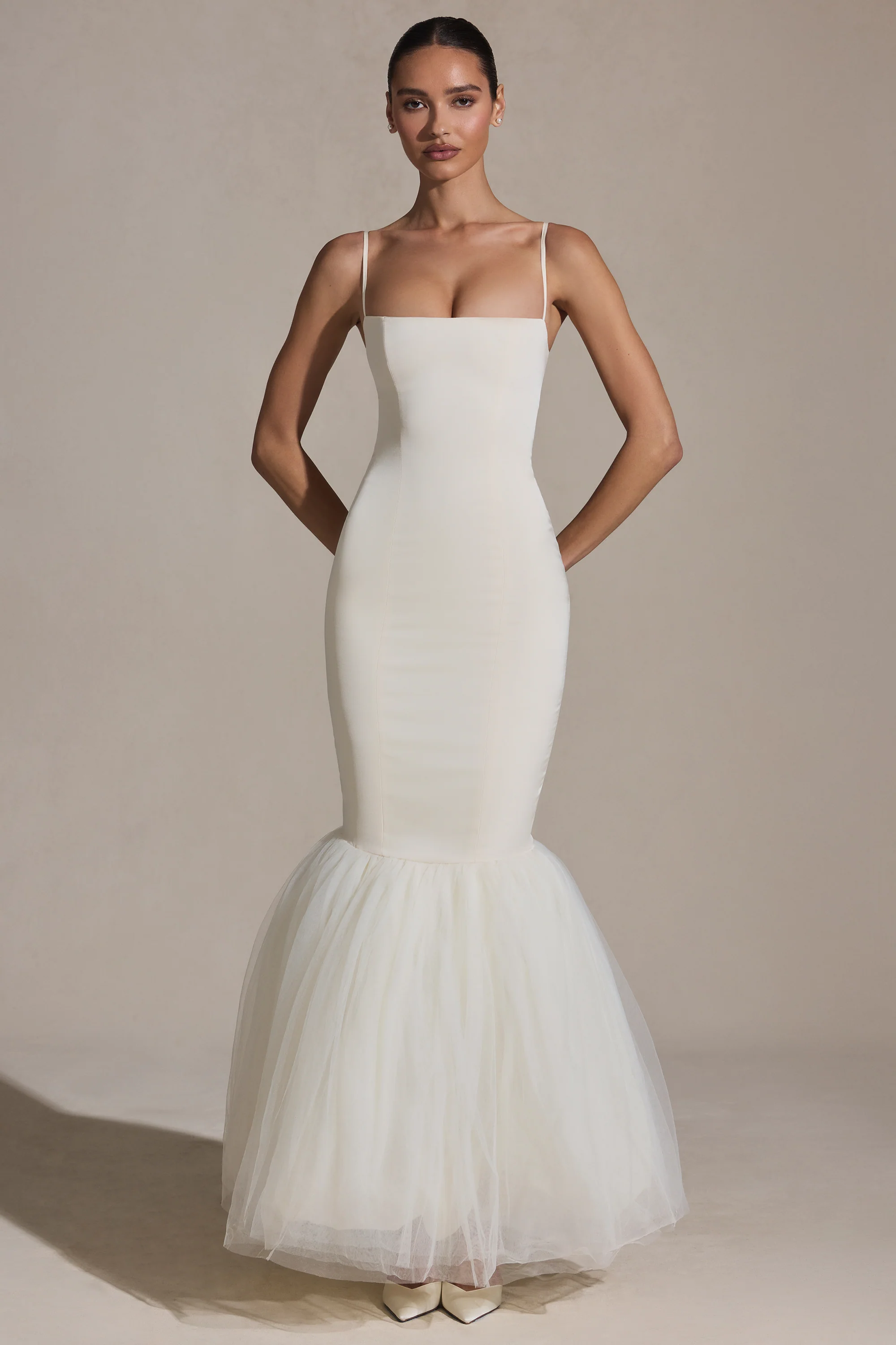 Tulle Hem Fishtail Gown in Ivory