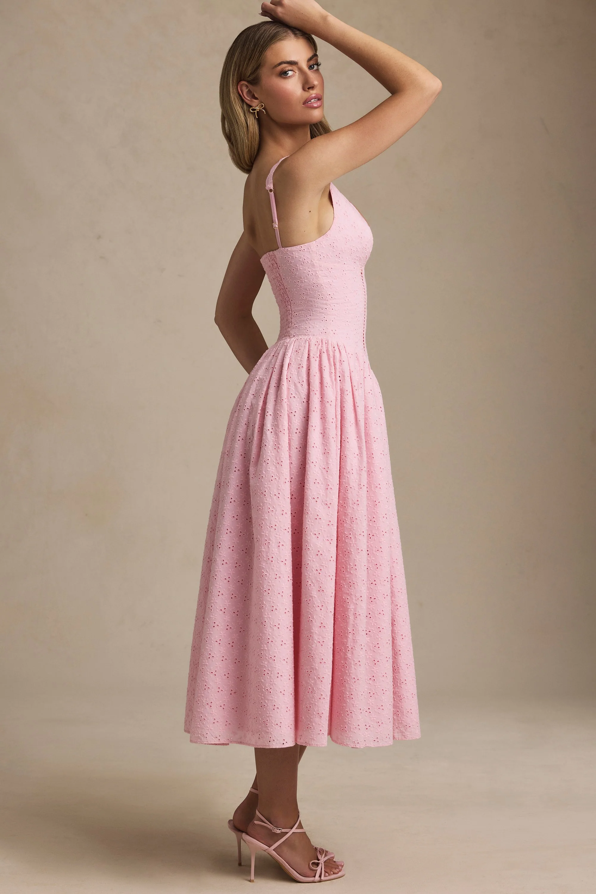 Broderie Anglaise Bow-Detail A-Line Midaxi Dress in Soft Pink