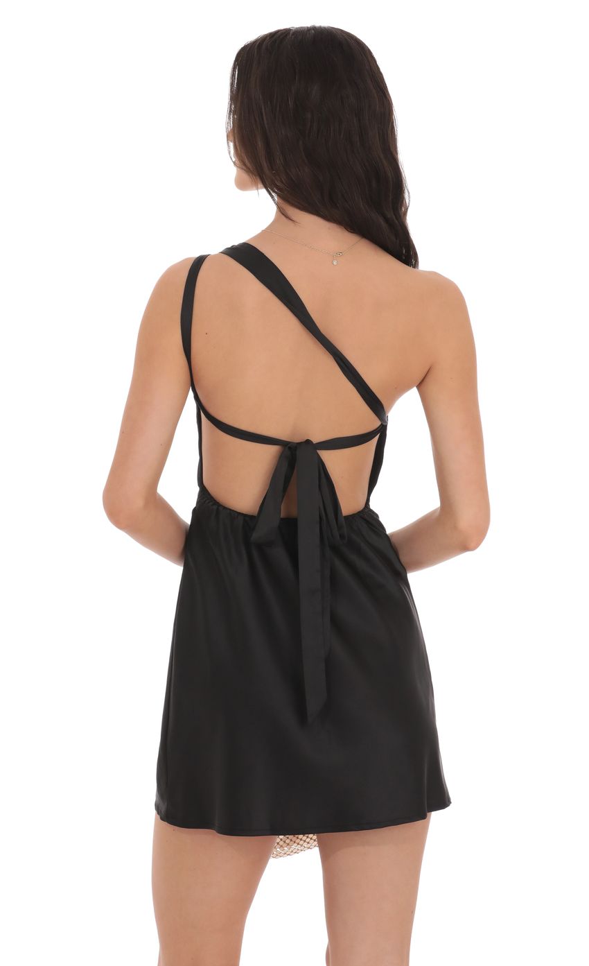 Satin One Shoulder Open Back Dress in Black