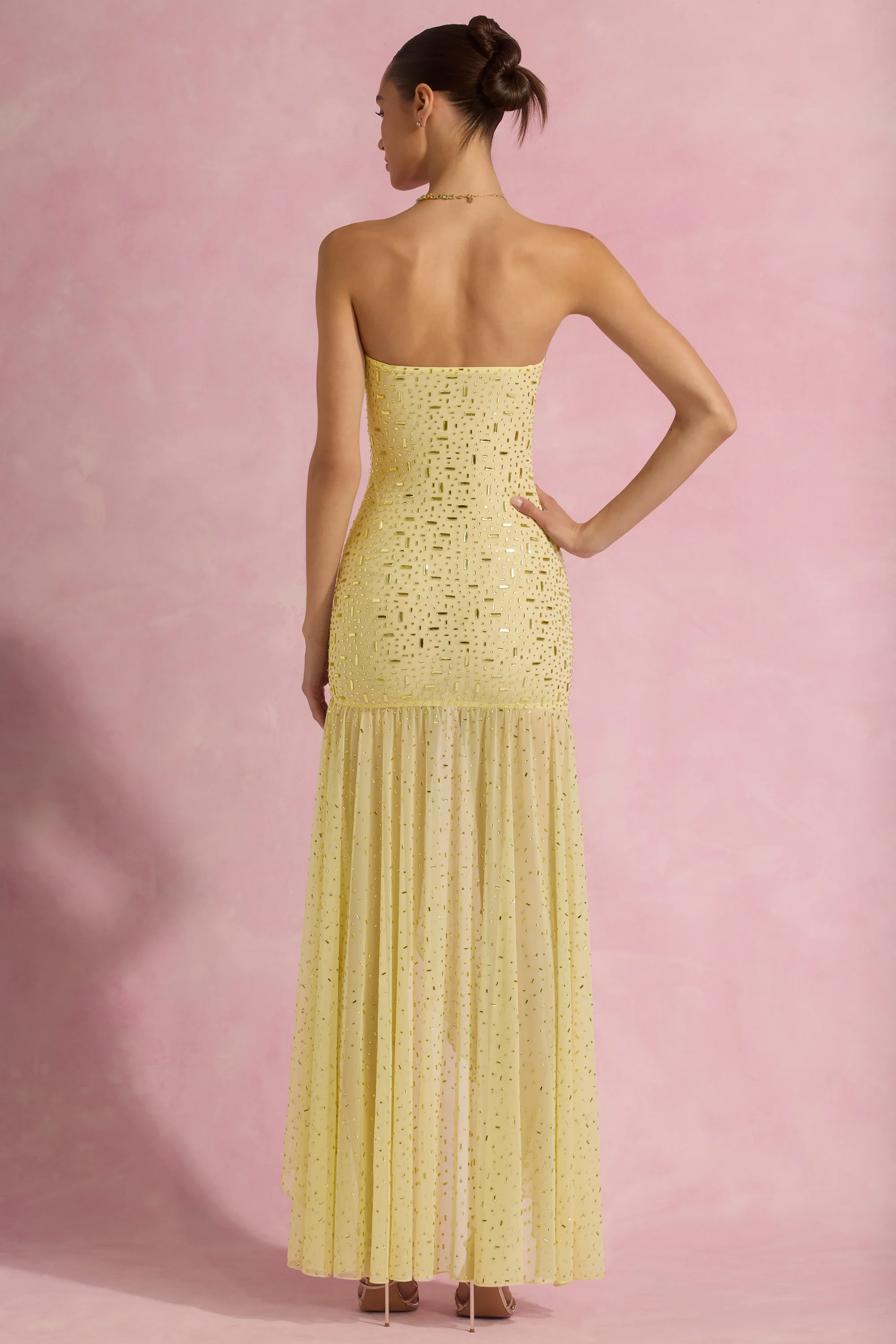 Semi-Sheer Embellished Asymmetric Maxi Dress in Yellow