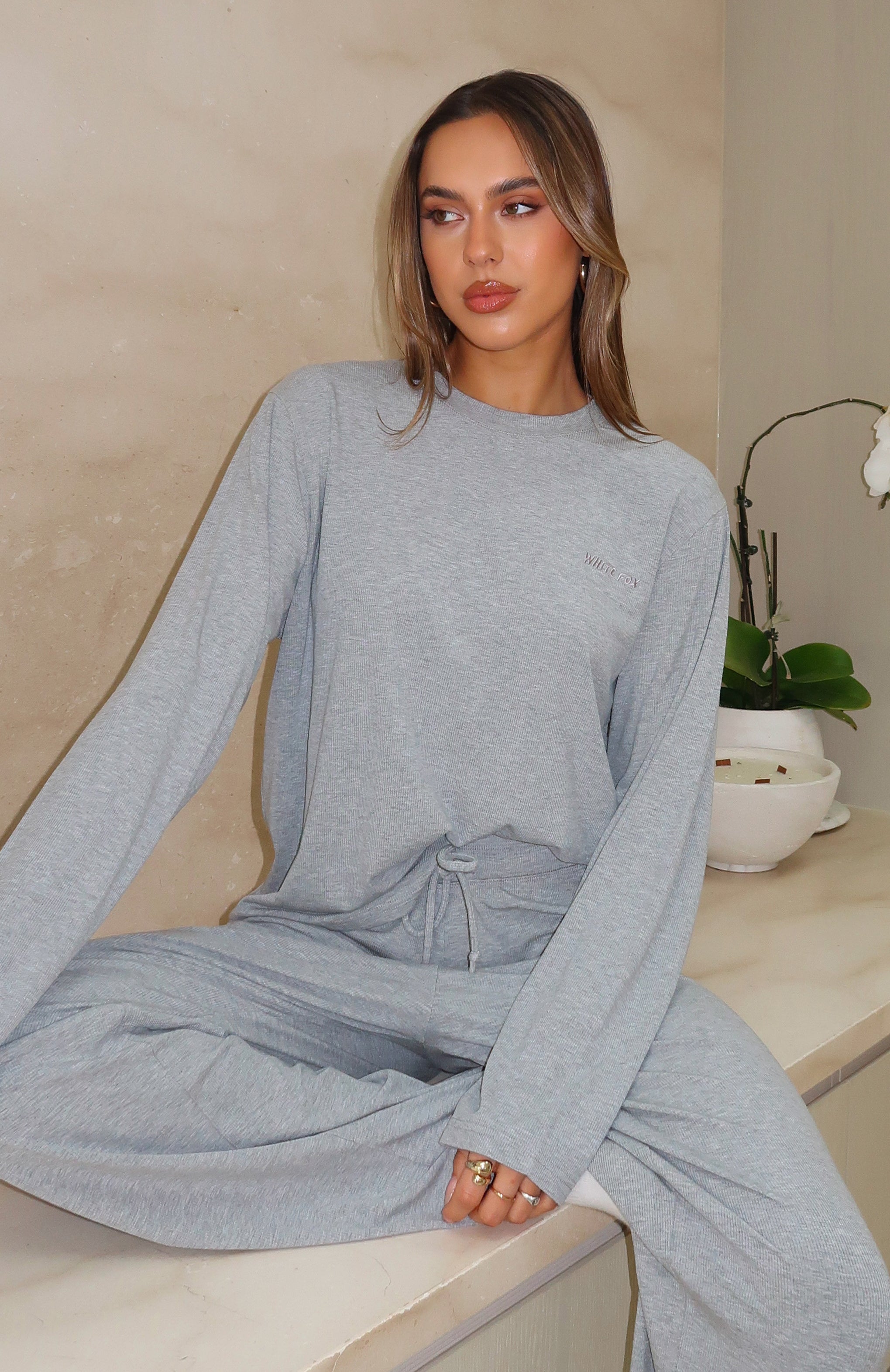 Come A Long Way Soft Lounge Long Sleeve Ribbed Tee Grey Marle