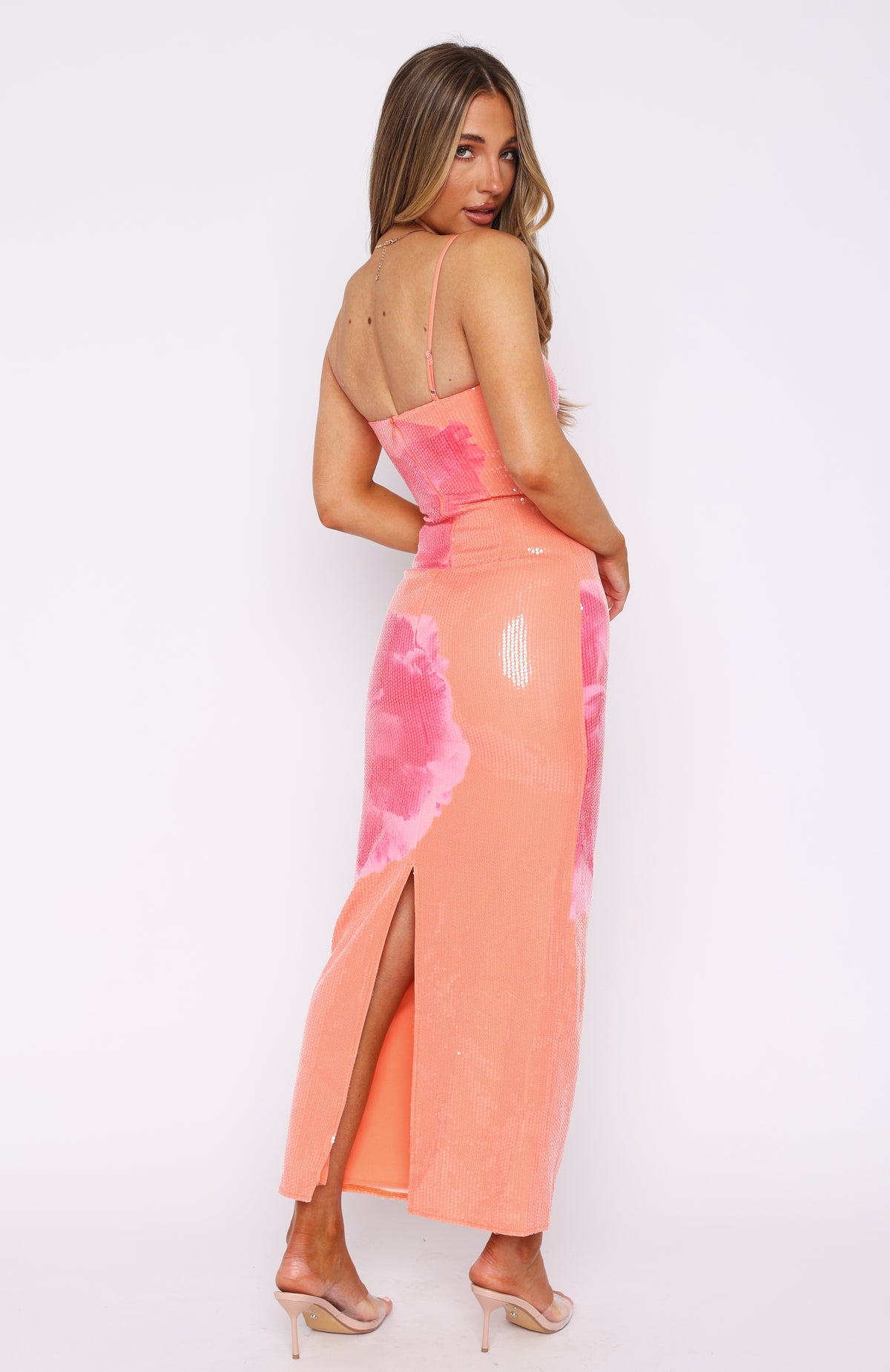 Telling Me Lies Sequin Maxi Dress Tangerine Blossom