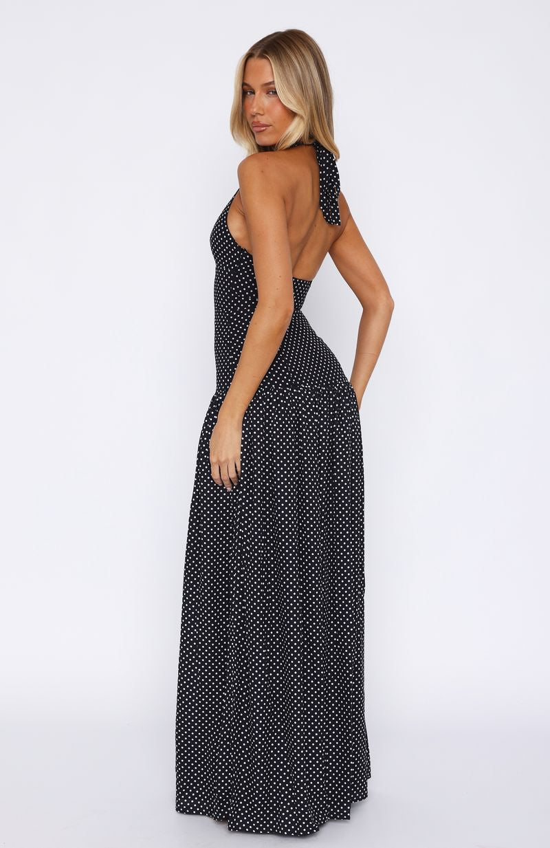 Sweet Temptation Halter Maxi Dress Black/ White Polka Dot