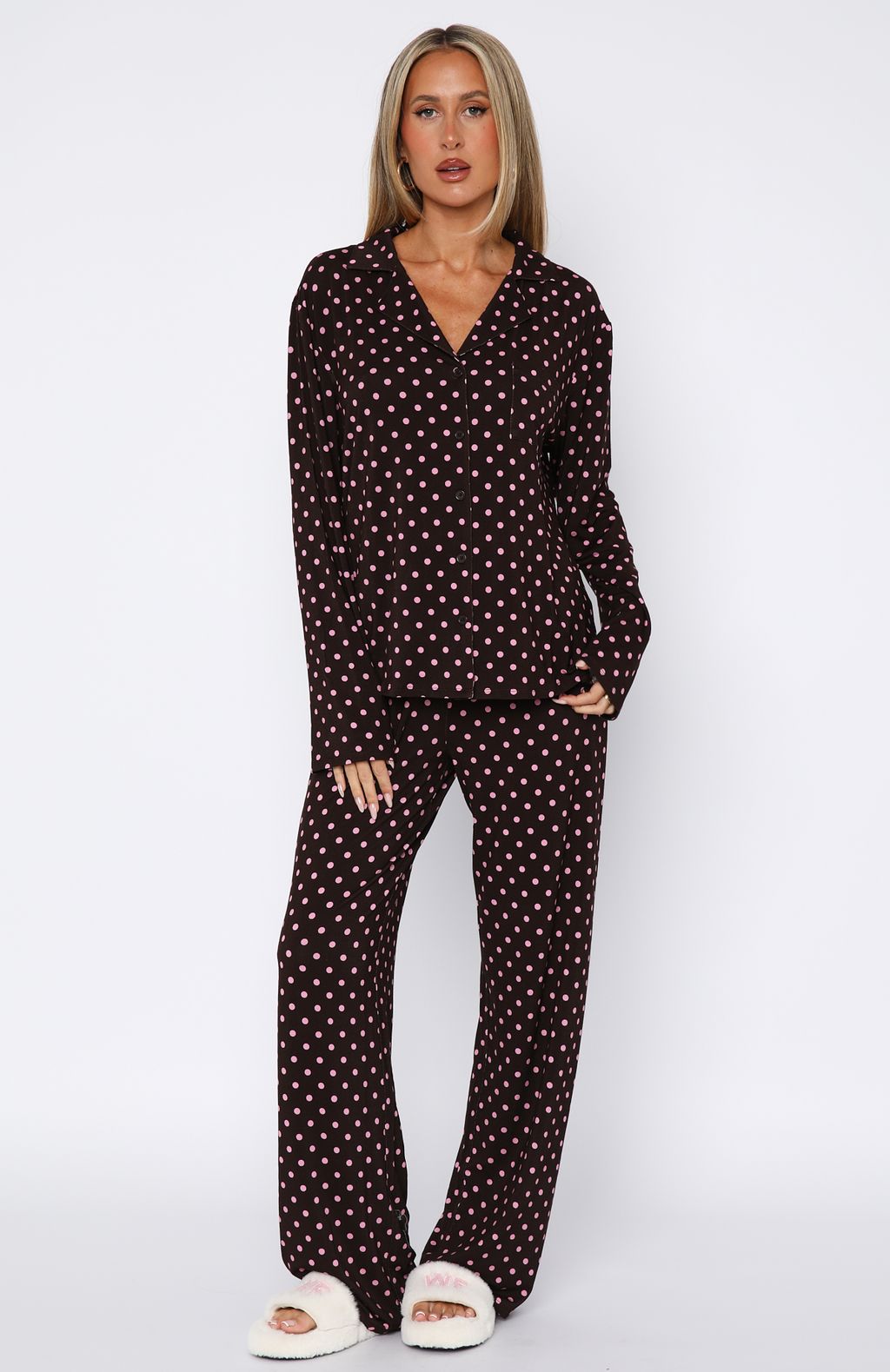 Pillow Talk Printed Long Sleeve Pyjama Set Choc/Pink Polka Dot