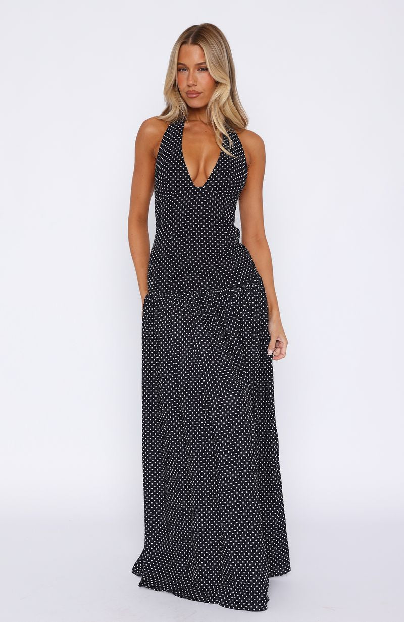 Sweet Temptation Halter Maxi Dress Black/ White Polka Dot