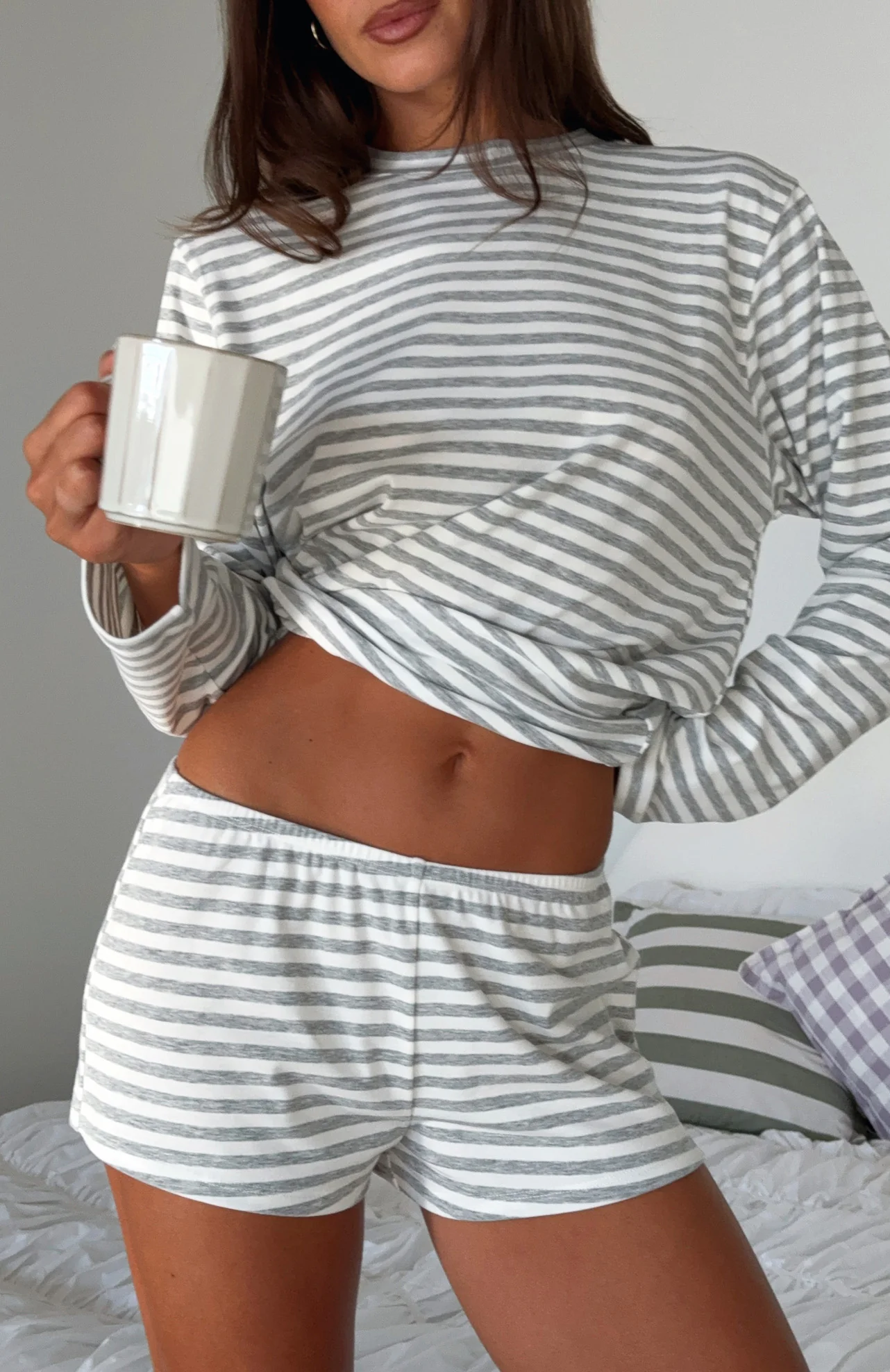 Slow Life Pyjama Shorts Grey/White Stripe