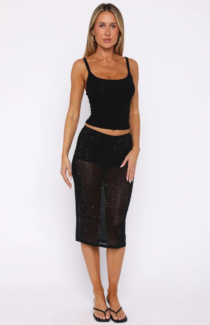 Obsidian Love Embellished Midi Skirt Black