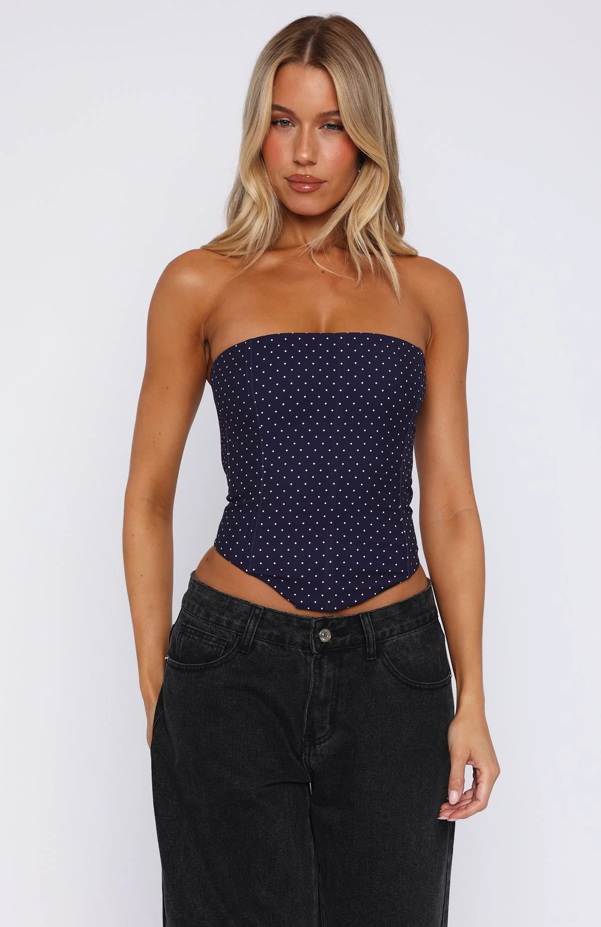 Let It Go Strapless Bustier Navy Polka Dot