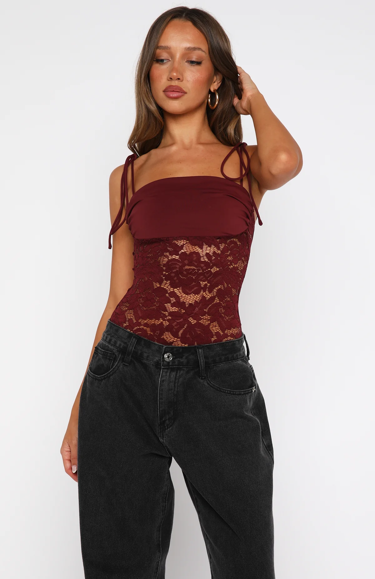 Pretty Savage Lace Bodysuit Wine