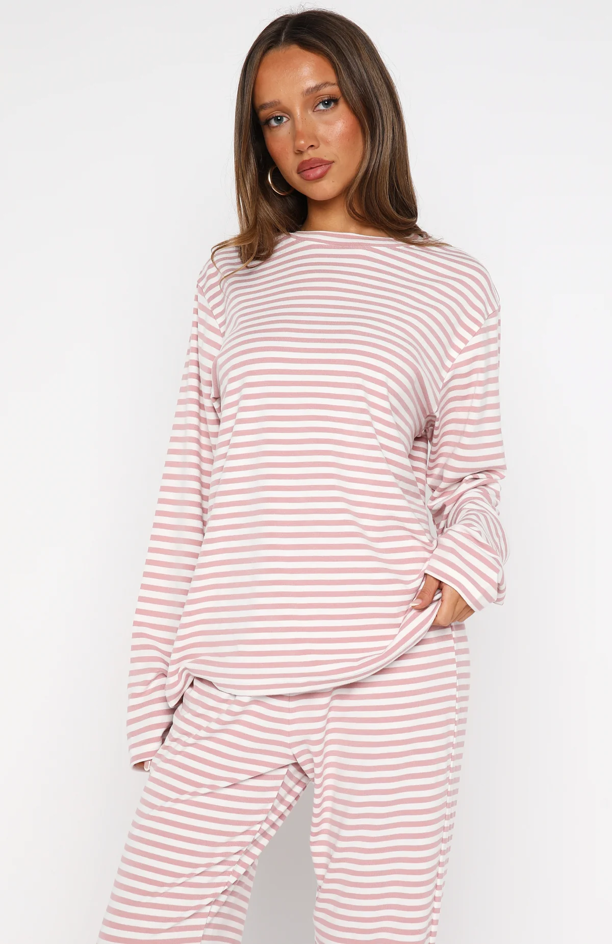 Slow Life Long Sleeve Pyjama Top Pink/White Stripe