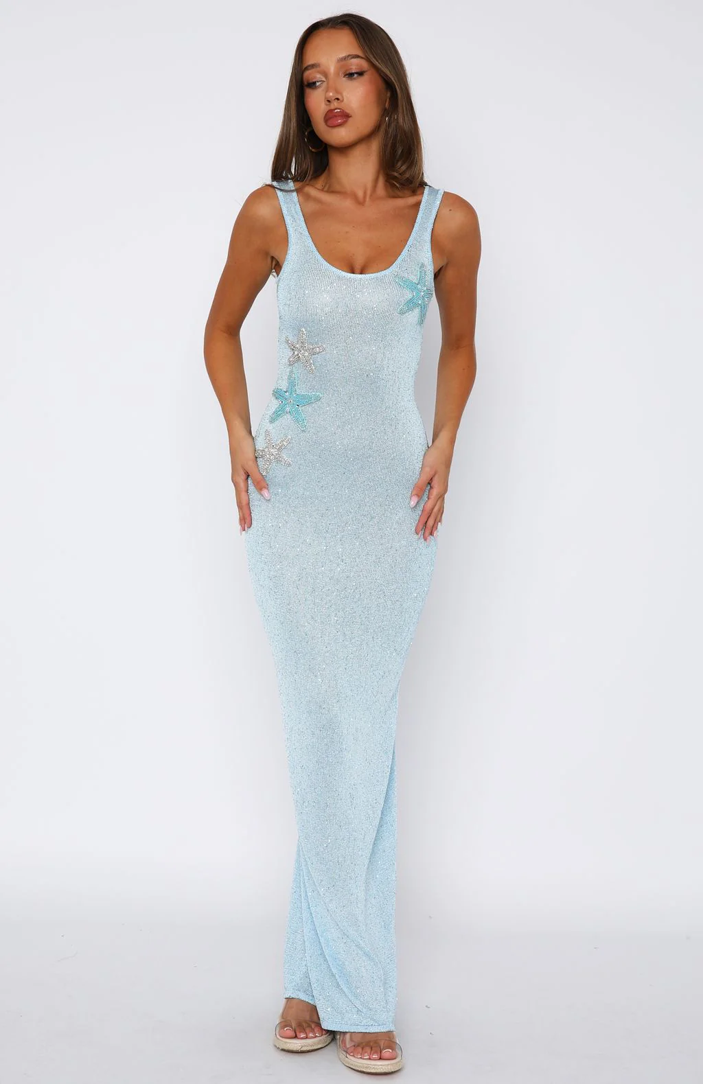 Marine Mist Sequin Knit Maxi Dress Blue