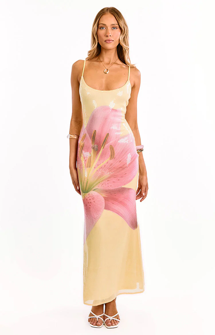Marchelle Yellow Floral Sequin Maxi Dress