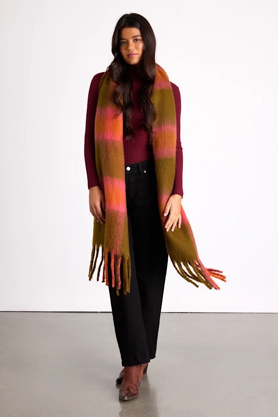 Melton Coral and Olive Plaid Knit Oversized Fringe Scarf
