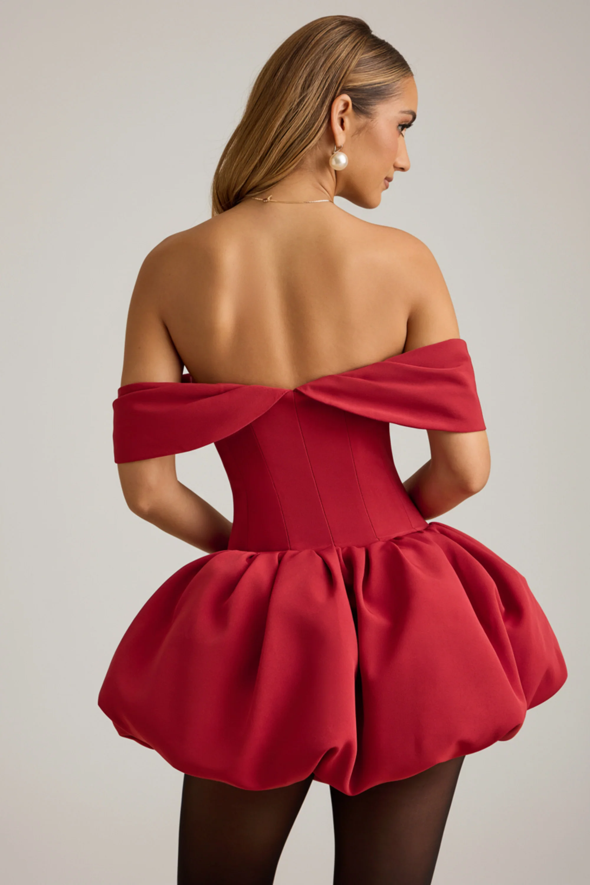 Off-Shoulder Layered Bubble Hem Corset Mini Dress in True Red
