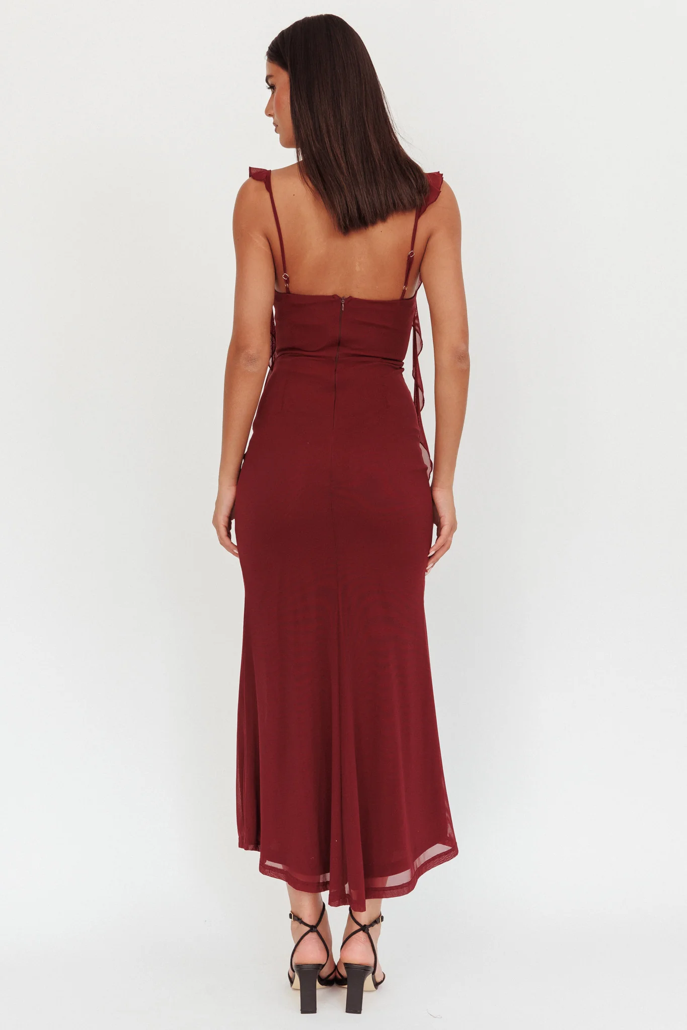 Blushing Ruffle Trim Maxi Dress Wine
