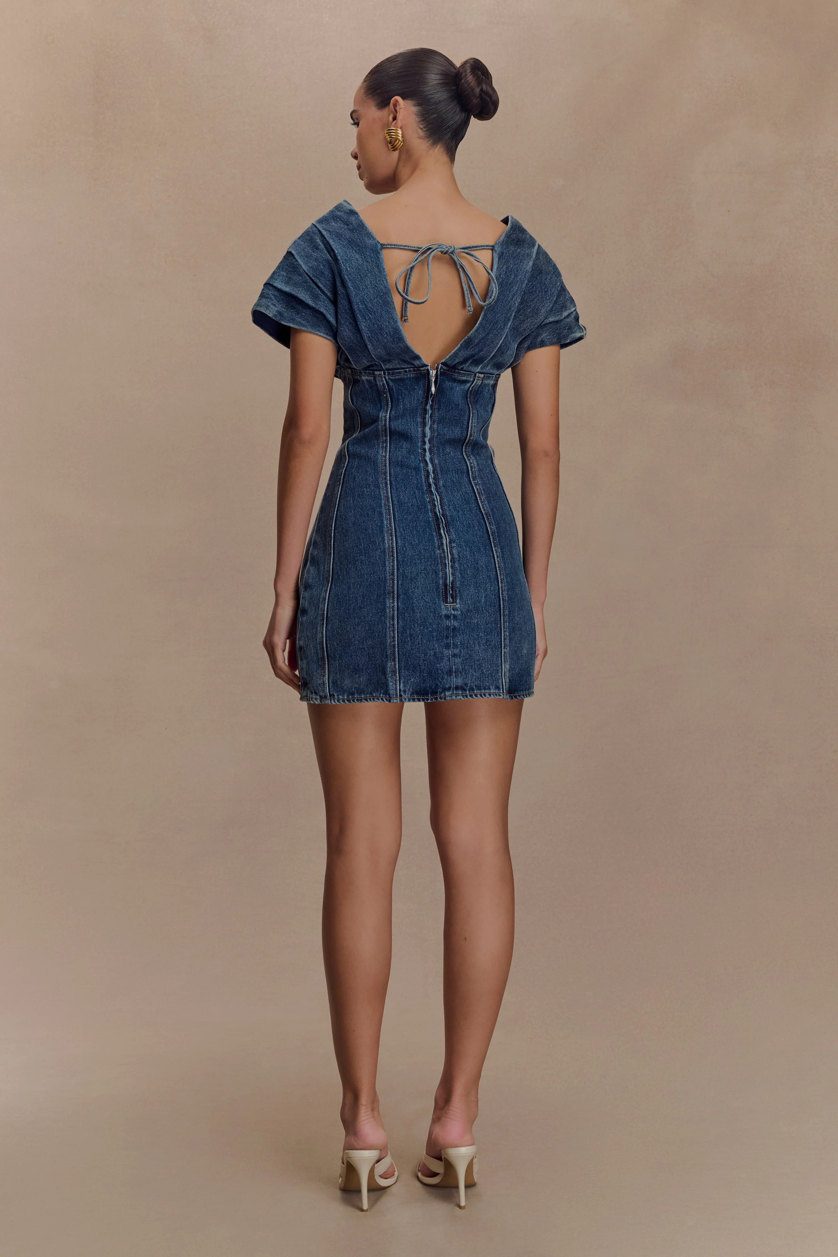 Pascale Off Shoulder Denim Mini Dress - Washed Dark Blue