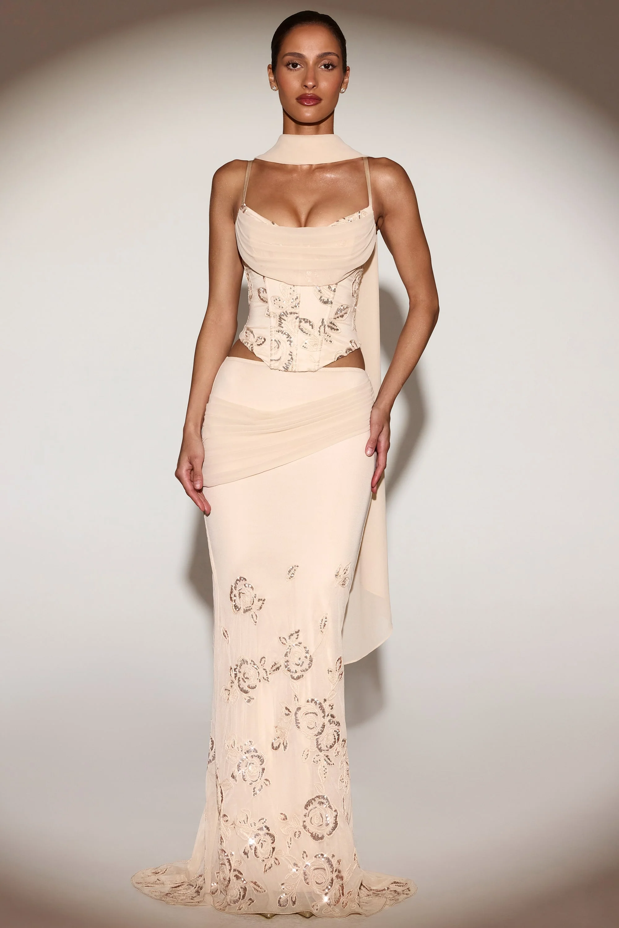 Embellished Draped Mid-Rise Gown Skirt in Gold