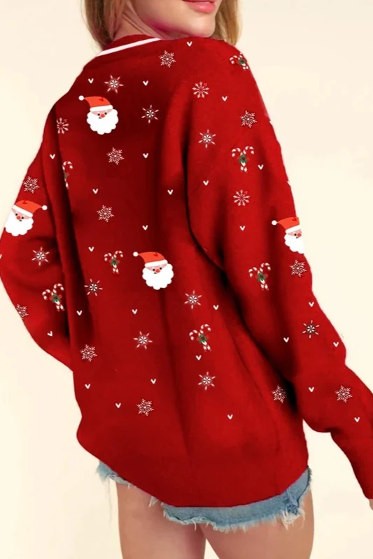 Santa Snowflake Print V Neck Christmas Cardigan